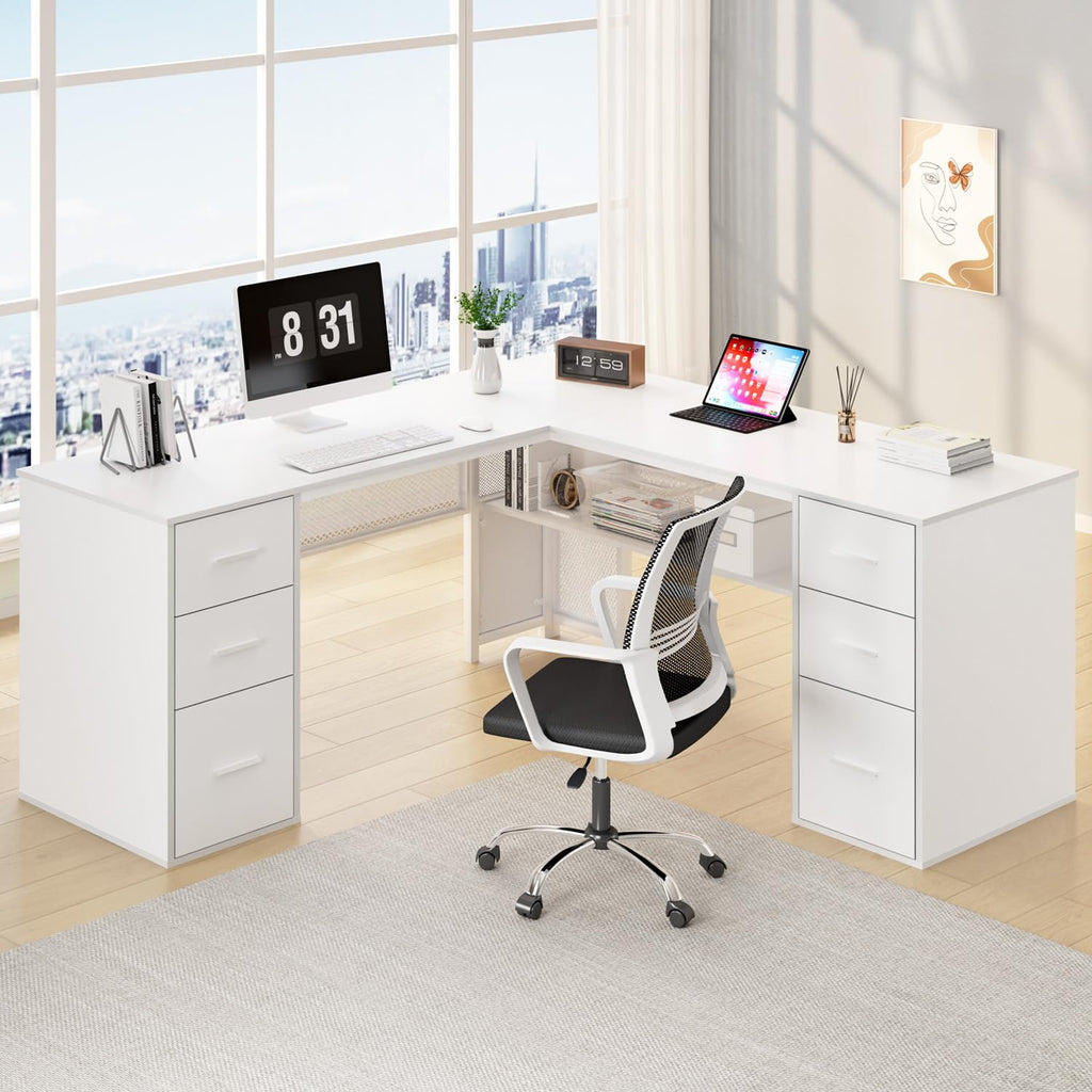 HSH L Shaped Computer Desk with File Drawers, Large Home Office Corner Desk with Storage Cabinet Shelves, Modern Metal Wood Desk for Executive Writing Study Workstation, 59 Inch Bedroom Table