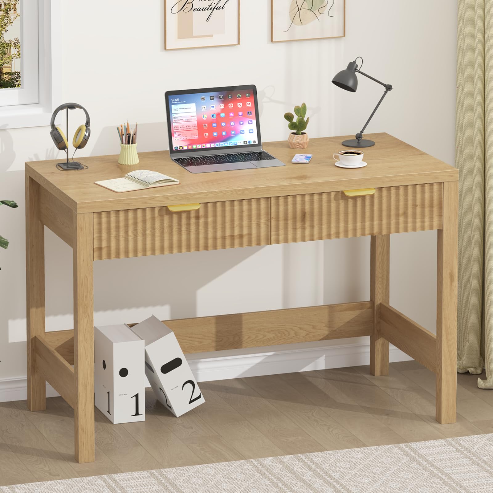 YOMILUVE Fluted Computer Desk with 2 Drawers