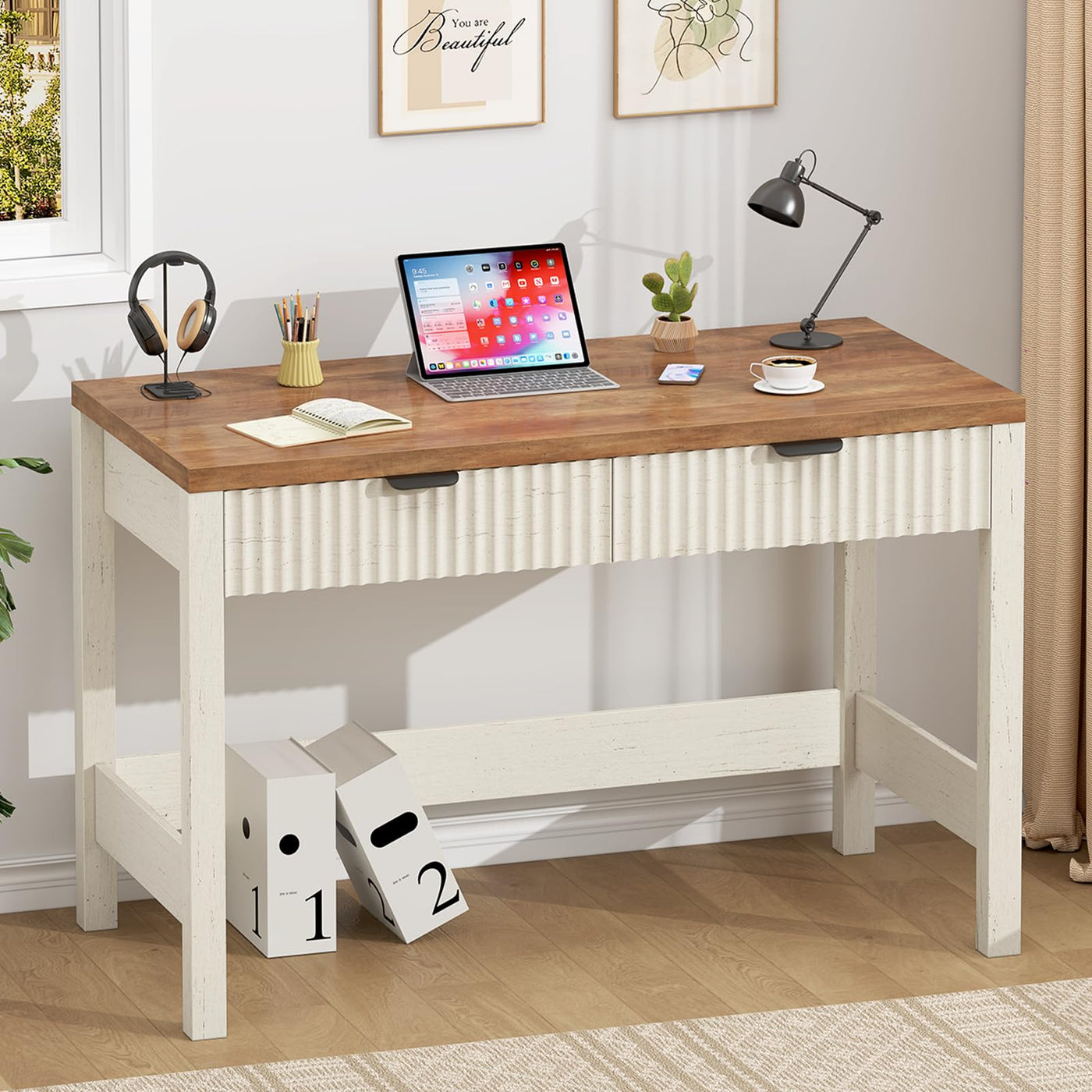 YOMILUVE Fluted Computer Desk with 2 Storage Drawers