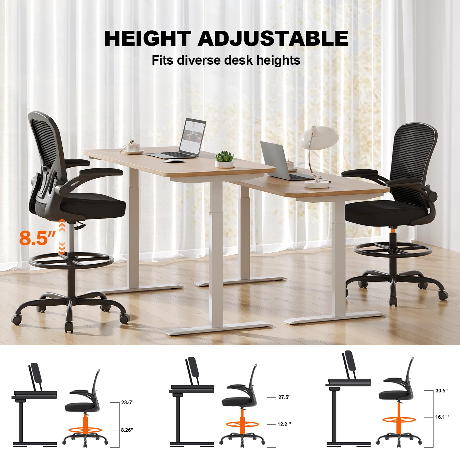 Ergonomic Mesh Drafting Chair with Footrest and Flip-Up Arms
