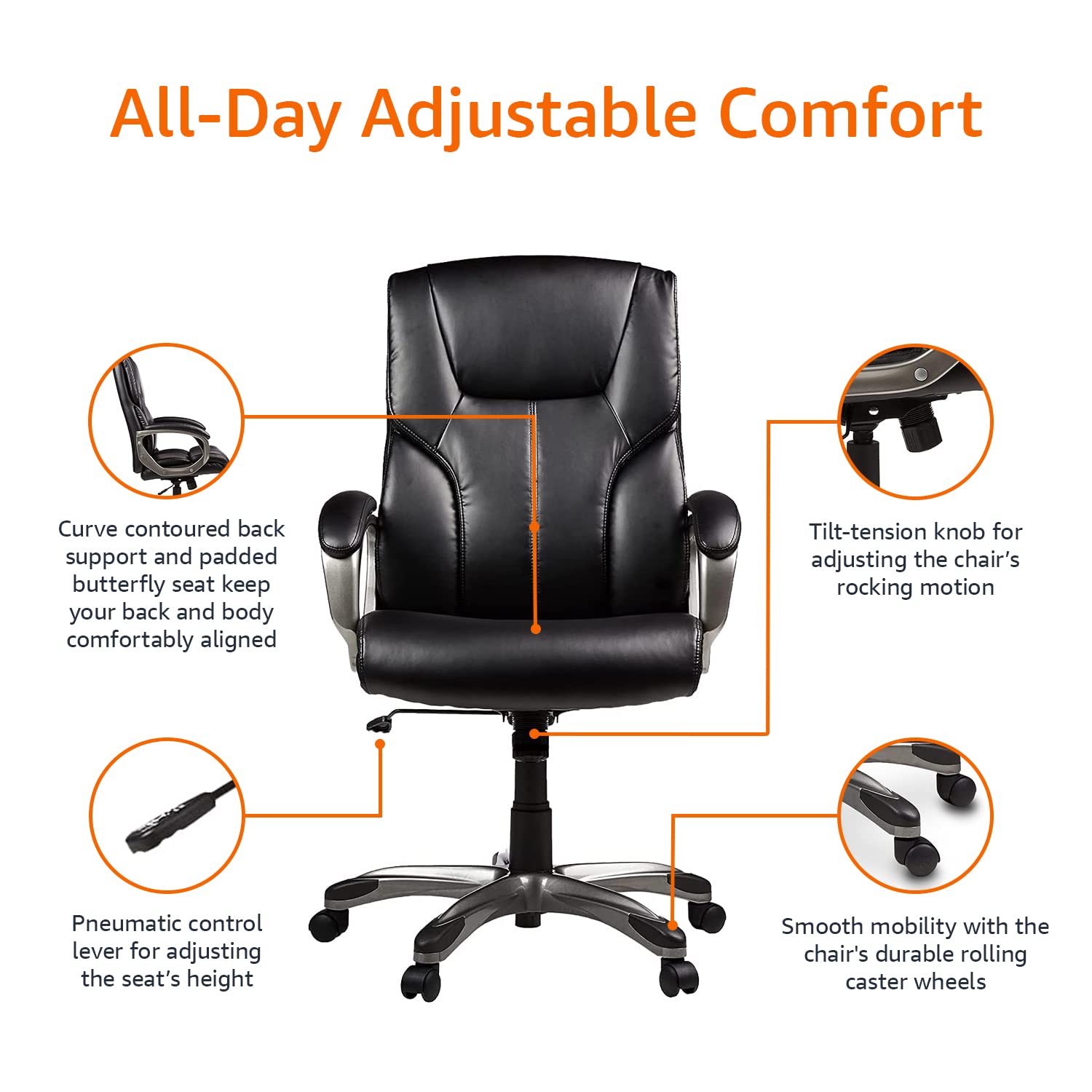 Amazon Basics High-Back, Executive, Swivel, Adjustable Office Desk Chair with Casters