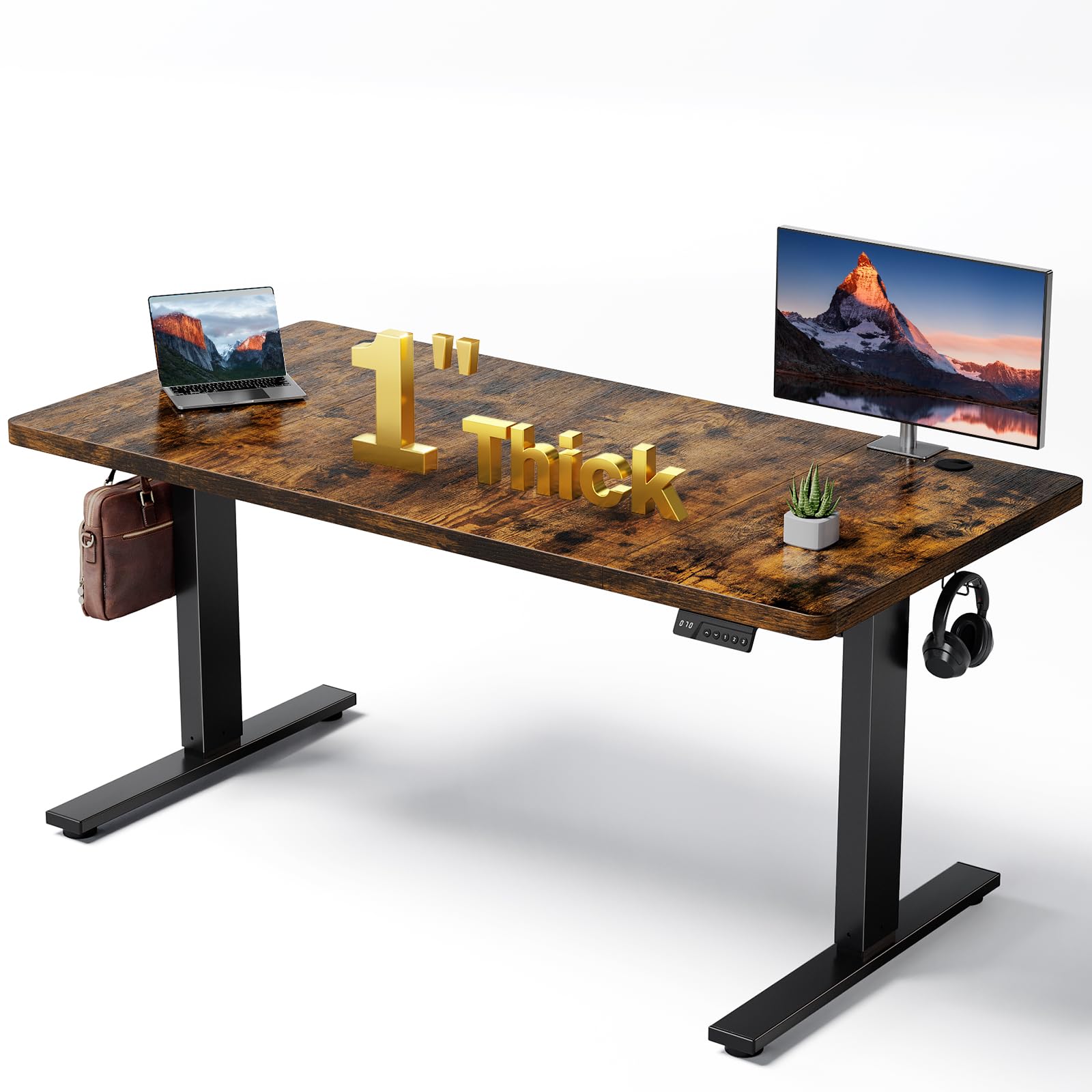 DeskShow Electric Standing Desk Adjustable - 60x28 Inch Sit Stand Desk with 1 Inch Thick Tabletop, Double Beam Frame, 3 Memory Height Adjustment, Cable Management for Home Office