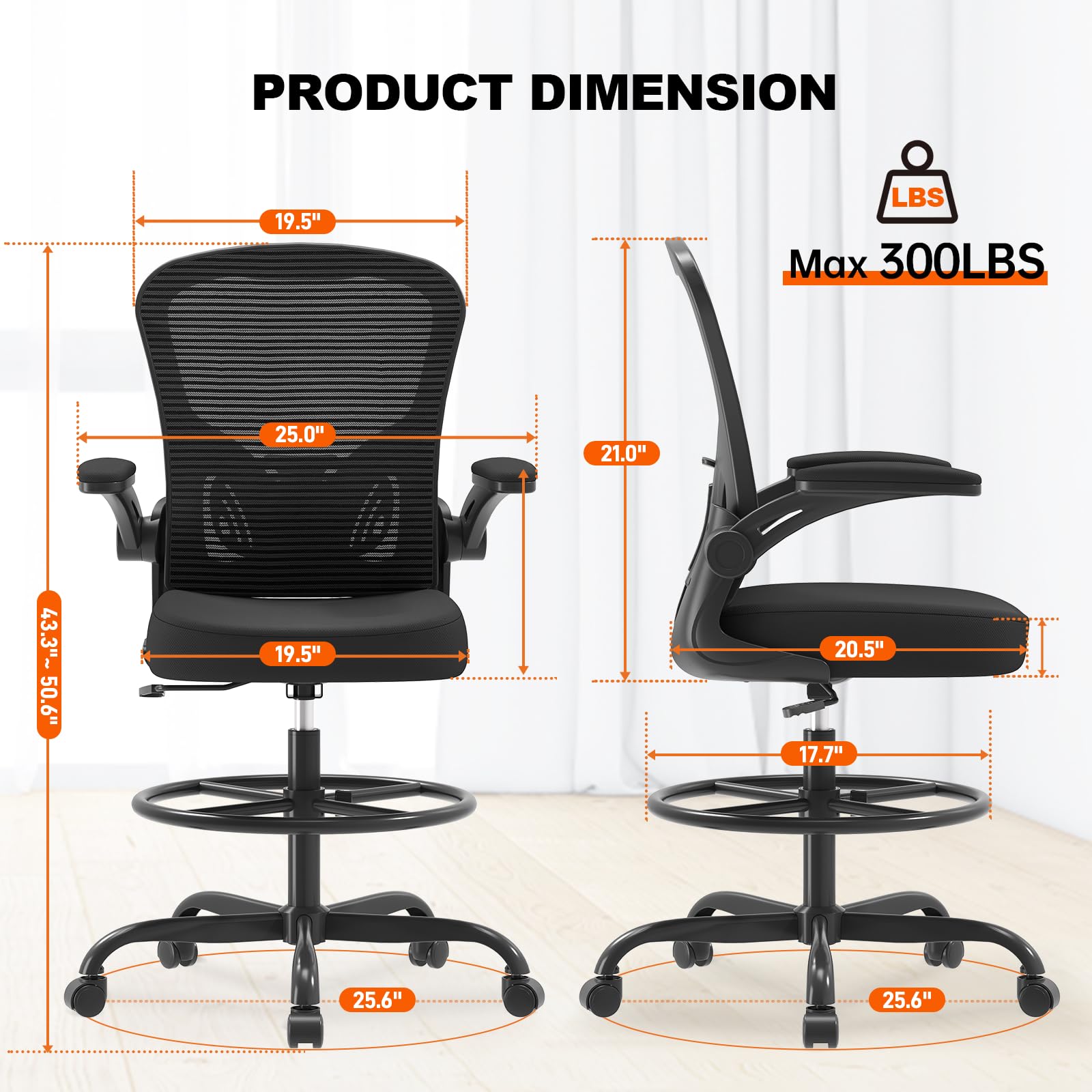Ergonomic Mesh Drafting Chair with Footrest and Flip-Up Arms