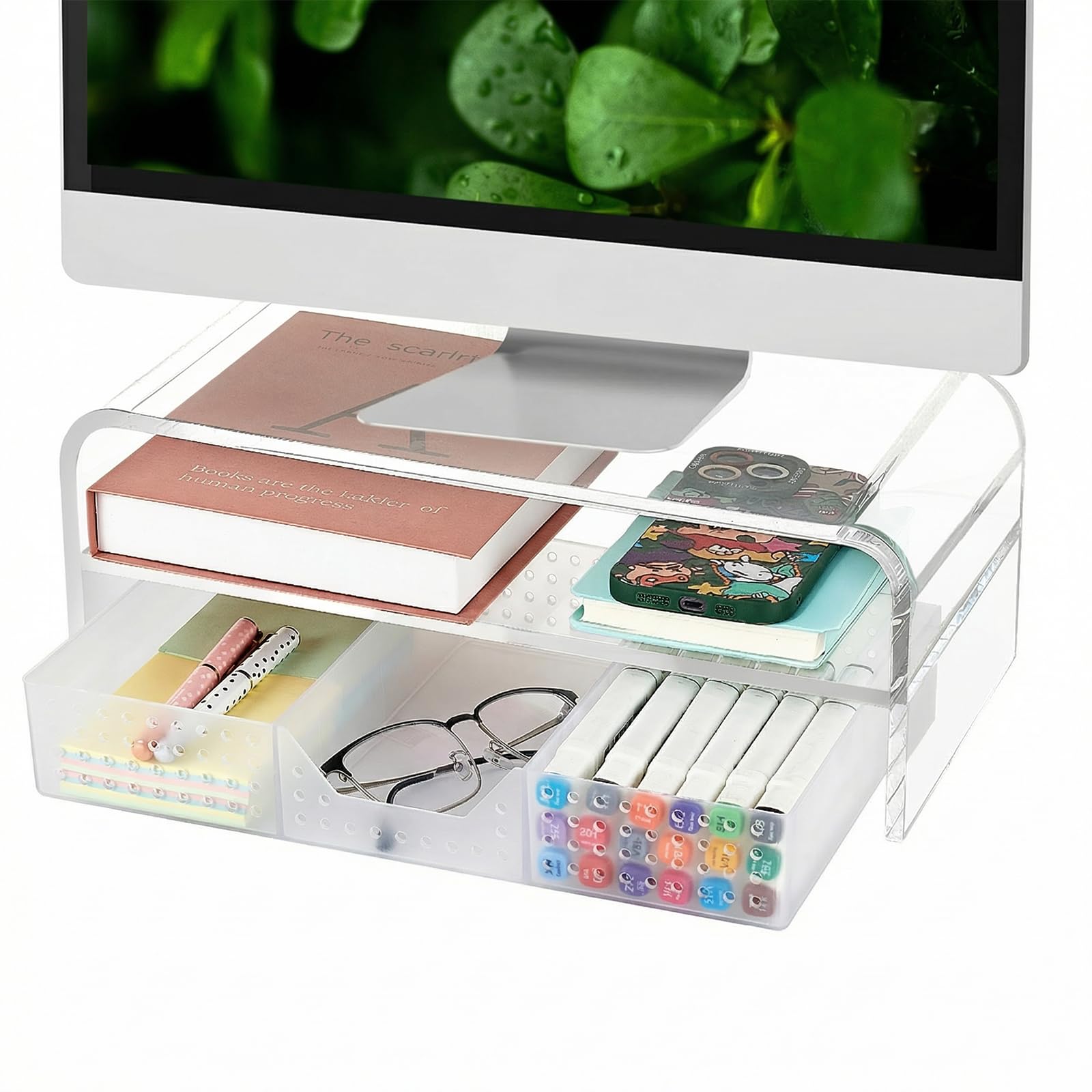 OPNICE 2-Tier Monitor Stand Riser with Drawer and 2 Pen Holders