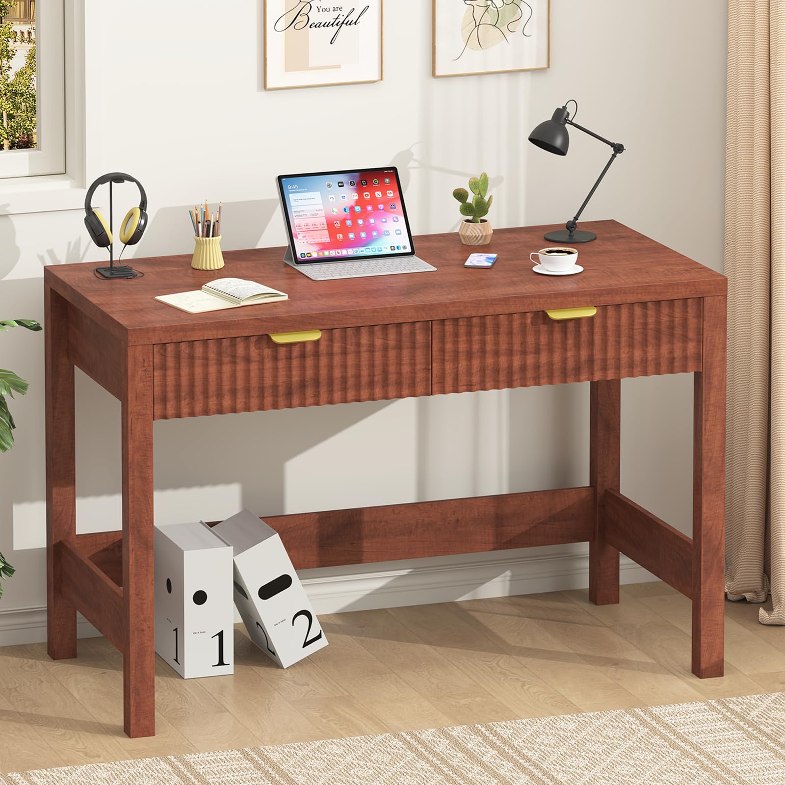YOMILUVE Fluted Computer Desk with 2 Drawers