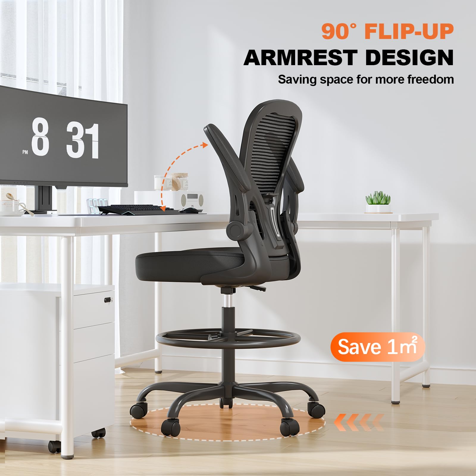 Ergonomic Mesh Drafting Chair with Footrest and Flip-Up Arms