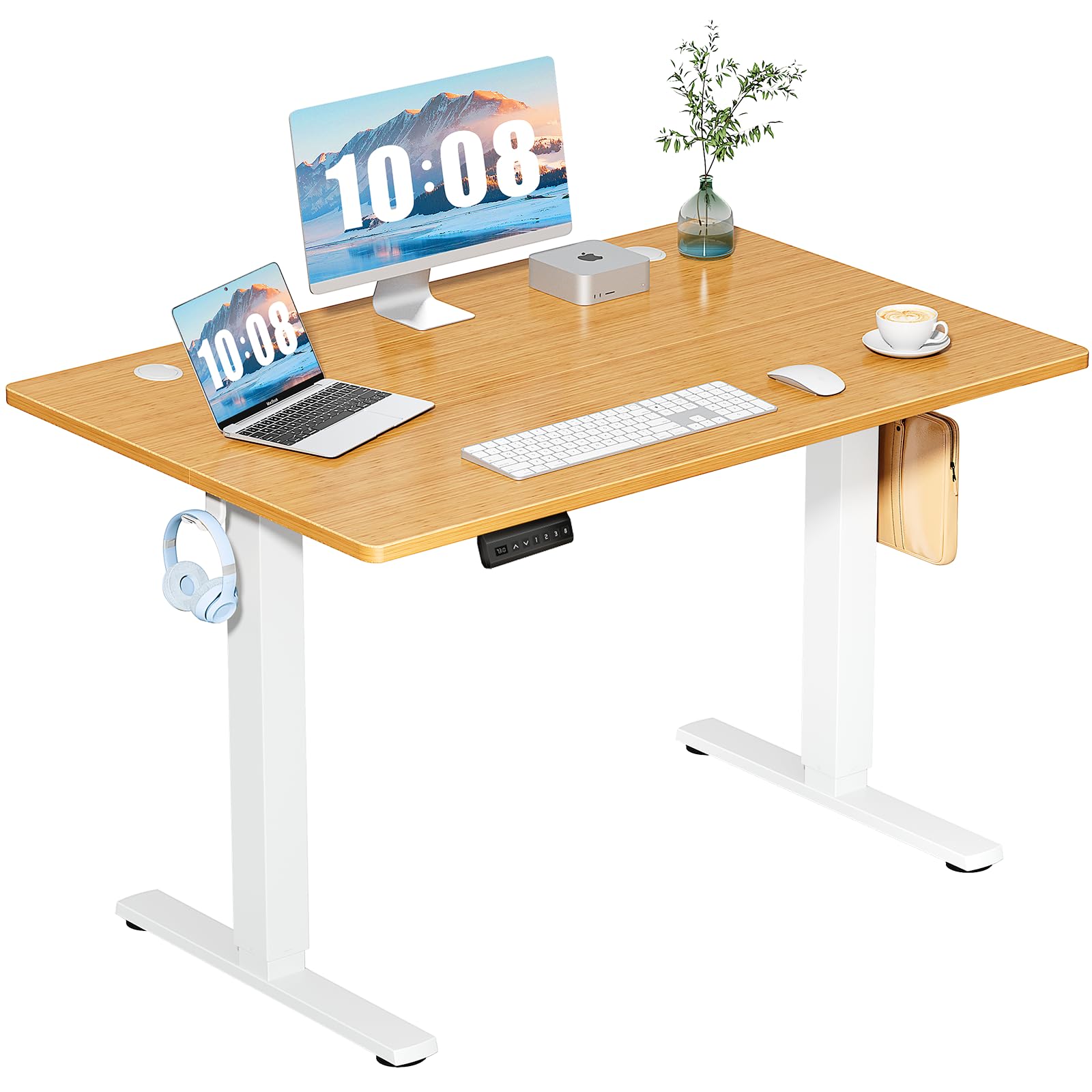 DUMOS 40 Inch Electric Standing Desk Height Adjustable, Sit to Stand Up Computer Workstations Work PC Table Home Office Study Writing Gaming Desks with Memory Presets for Walking Pad, Bedroom, Oak