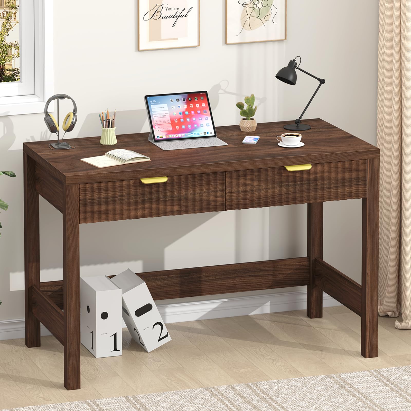 YOMILUVE Fluted Computer Desk with 2 Drawers