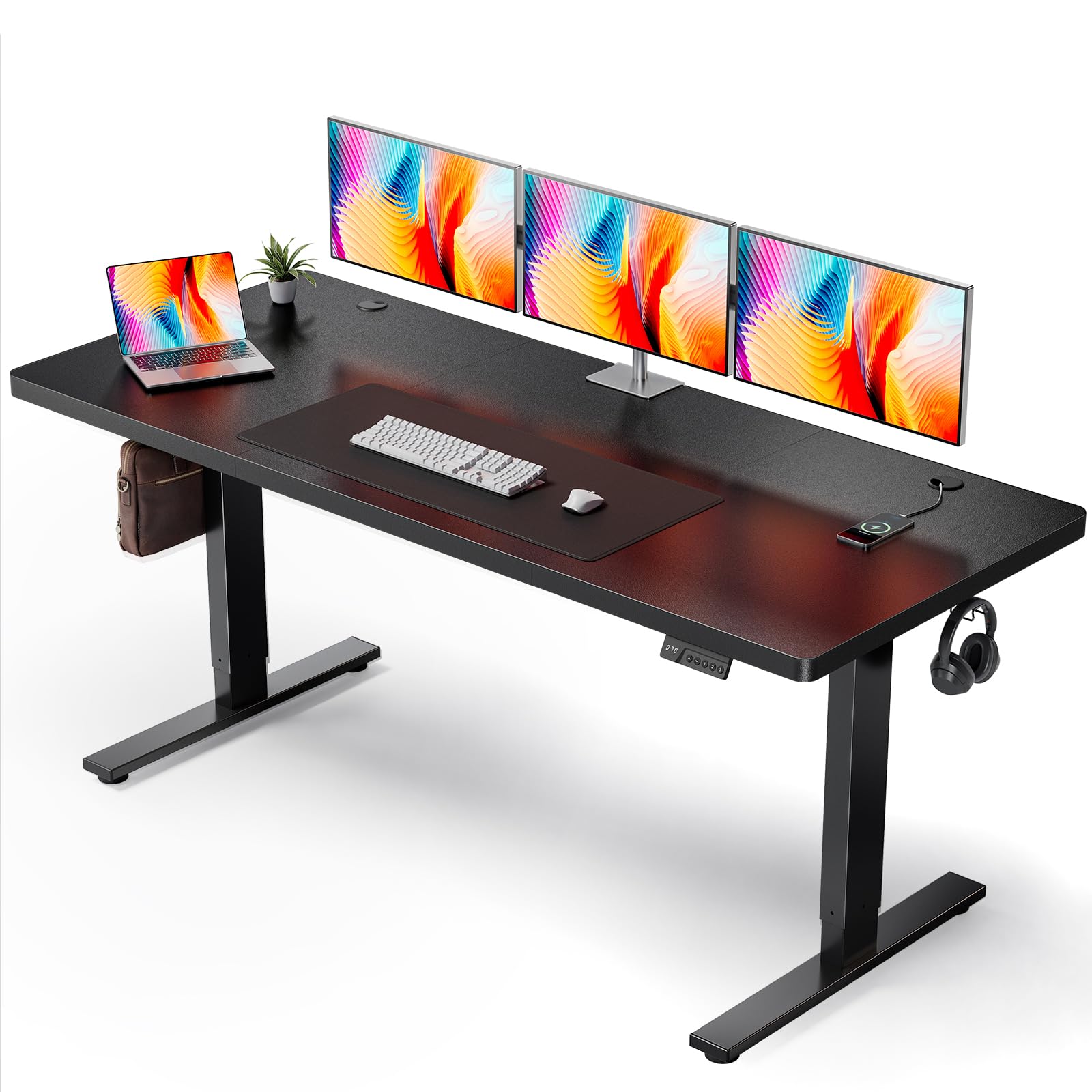 DeskShow Electric Standing Desk Adjustable - 60x28 Inch Sit Stand Desk with 1 Inch Thick Tabletop, Double Beam Frame, 3 Memory Height Adjustment, Cable Management for Home Office