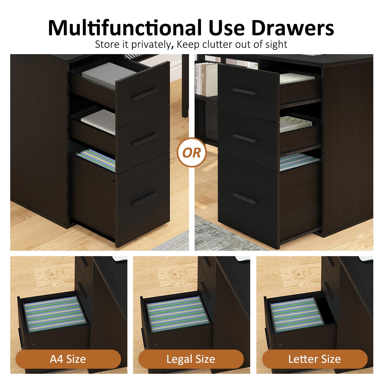 HSH L Shaped Computer Desk with File Drawers, Large Home Office Corner Desk with Storage Cabinet Shelves, Modern Metal Wood Desk for Executive Writing Study Workstation, 59 Inch Bedroom Table