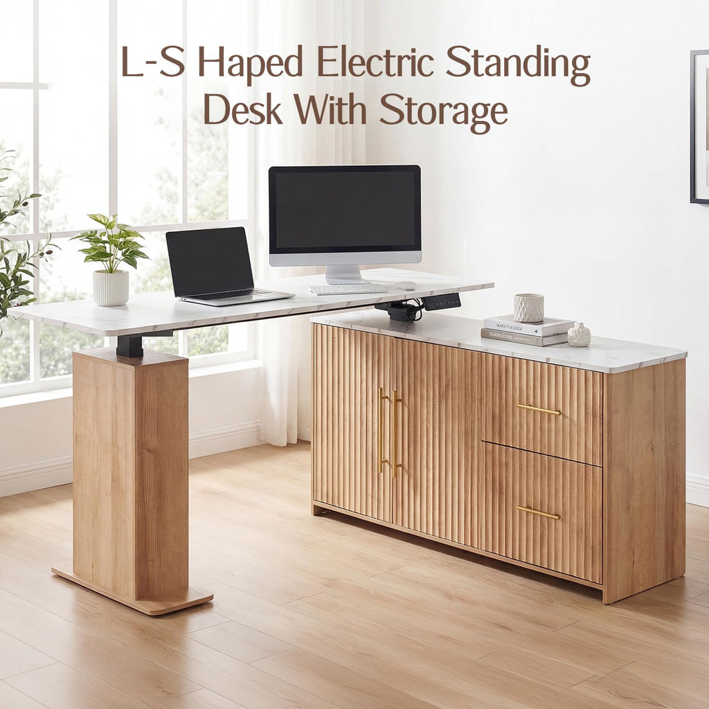NORTHSKY 55'' L-Shaped Standing Desk, Electric Height Adjustable Sit-Stand Desk with Drawers & Storage Cabinet, Fluted Modern Corner Desk for Home Office
