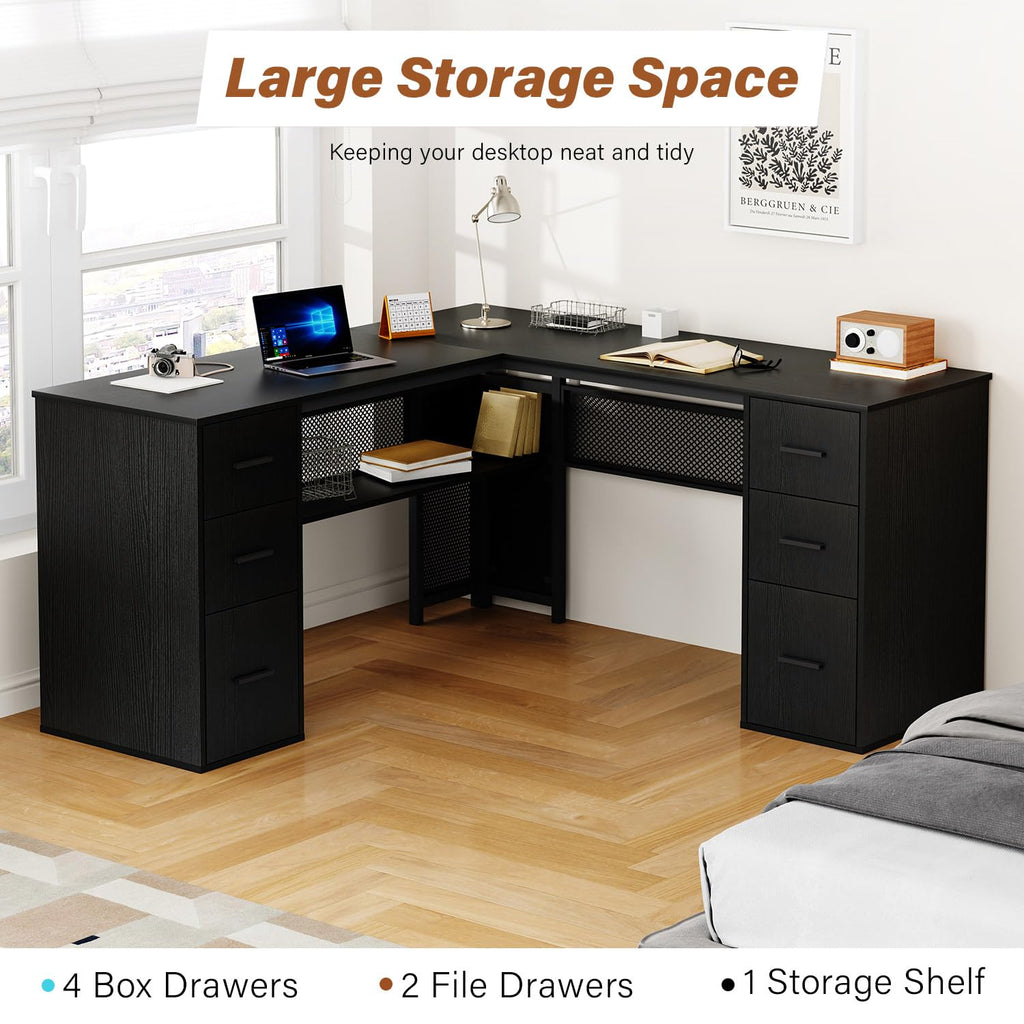 HSH L Shaped Computer Desk with File Drawers, Large Home Office Corner Desk with Storage Cabinet Shelves, Modern Metal Wood Desk for Executive Writing Study Workstation, 59 Inch Bedroom Table
