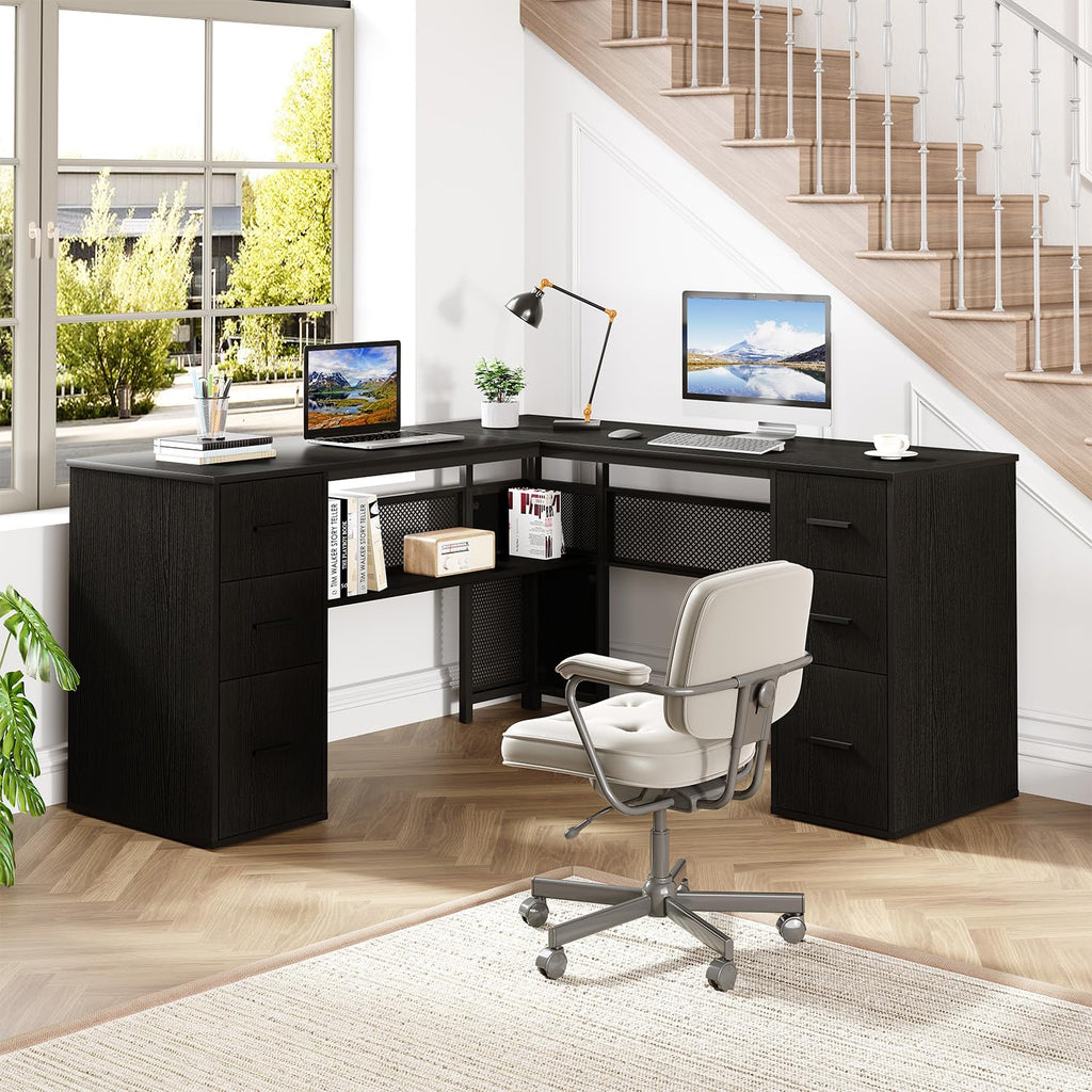 HSH L Shaped Computer Desk with File Drawers, Large Home Office Corner Desk with Storage Cabinet Shelves, Modern Metal Wood Desk for Executive Writing Study Workstation, 59 Inch Bedroom Table