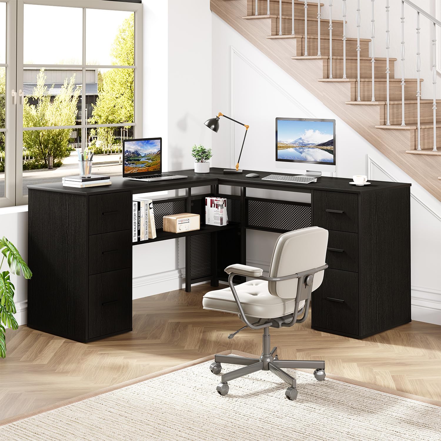 HSH L Shaped Computer Desk with File Drawers, Large Home Office Corner Desk with Storage Cabinet Shelves, Modern Metal Wood Desk for Executive Writing Study Workstation, 59 Inch Bedroom Table