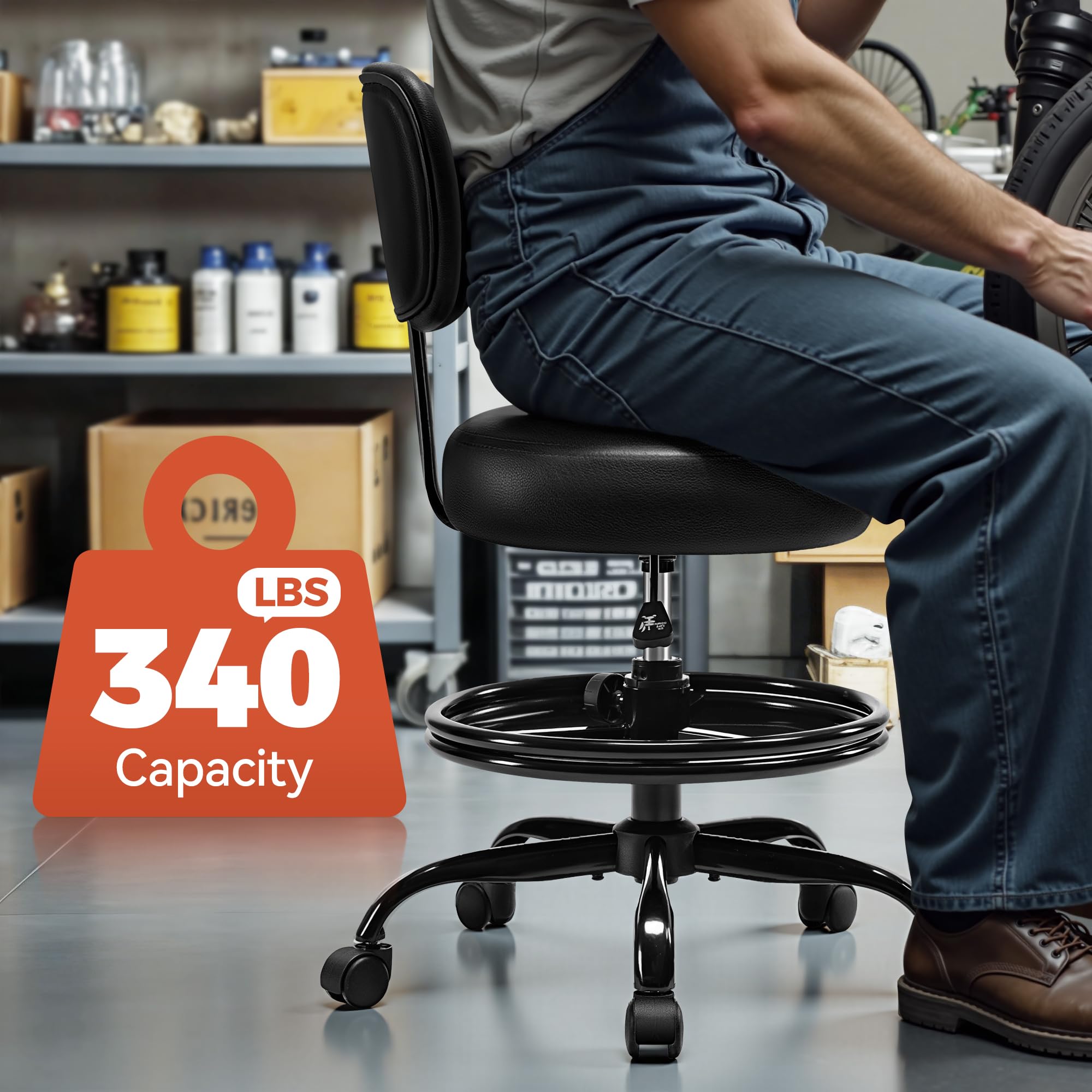 BestGlory Adjustable Rolling Shop Stool with Backrest and Tray
