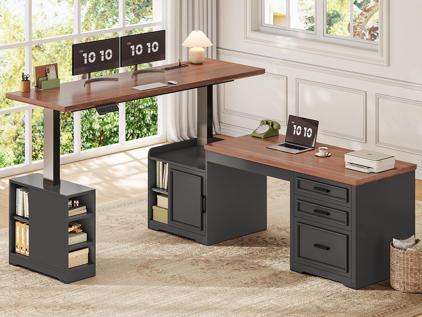 SEDETA Farmhouse L Shaped Electric Standing Desk, 63" x 67" Height Adjustable Office Executive Desk with Drawers and Shelves, Standing Computer Desks with Power Outlet for Home Office, Black+Brown