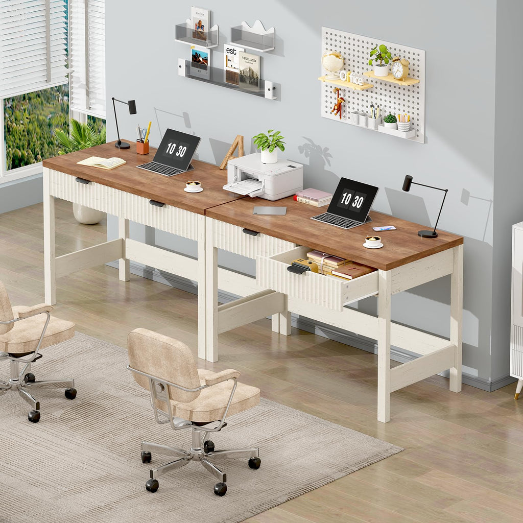 YOMILUVE Fluted Computer Desk with 2 Drawers