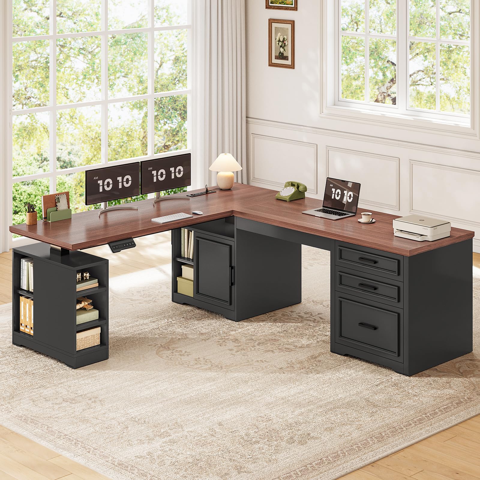 SEDETA Farmhouse L Shaped Electric Standing Desk, 63" x 67" Height Adjustable Office Executive Desk with Drawers and Shelves, Standing Computer Desks with Power Outlet for Home Office, Black+Brown
