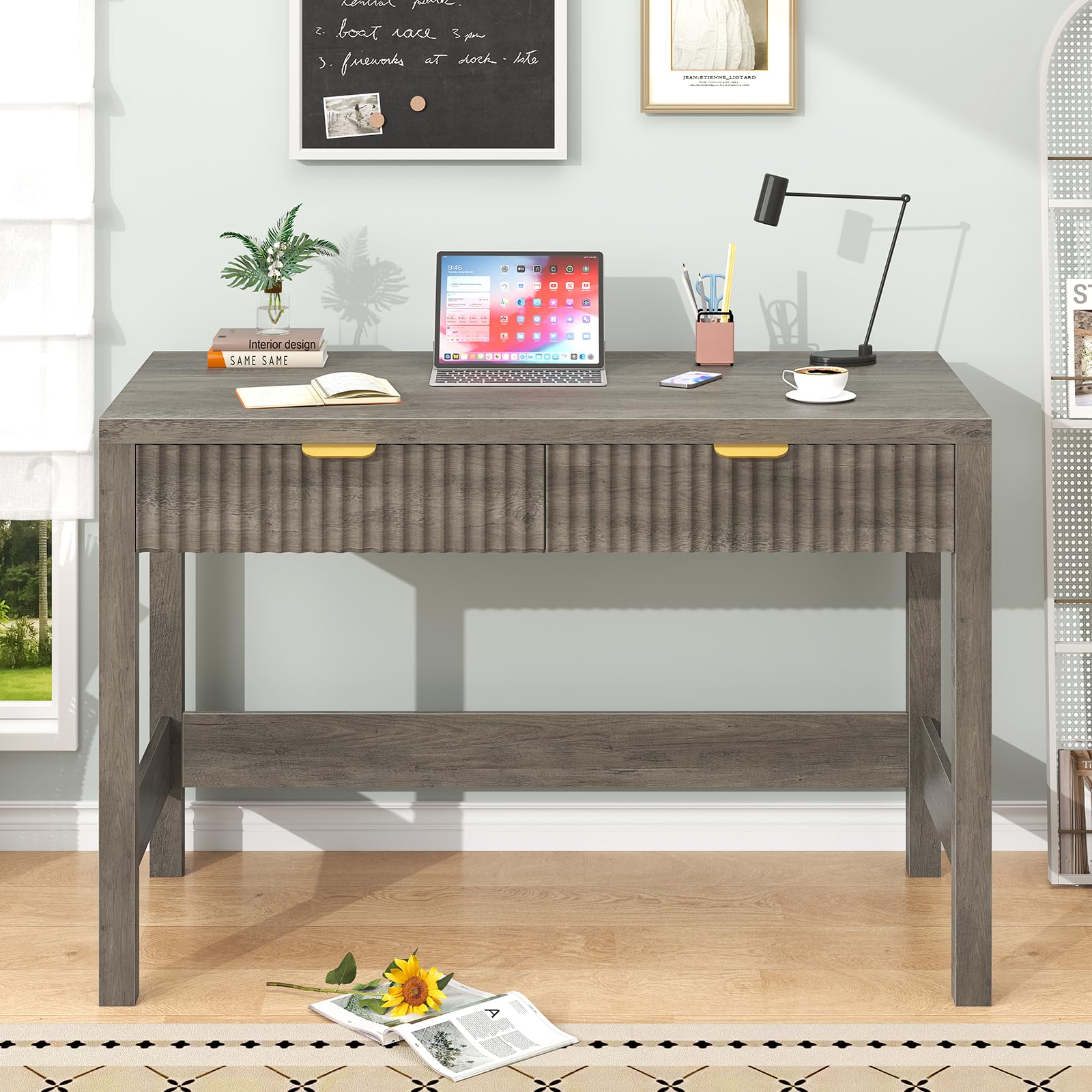 YOMILUVE Fluted Computer Desk with 2 Drawers