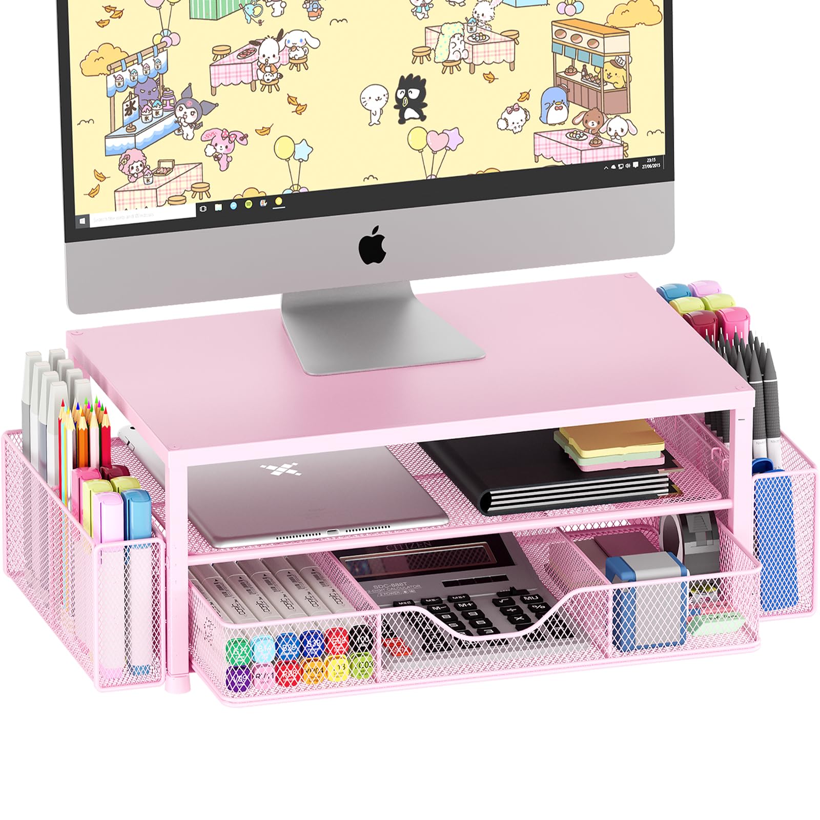 OPNICE 2-Tier Monitor Stand Riser with Drawer and 2 Pen Holders