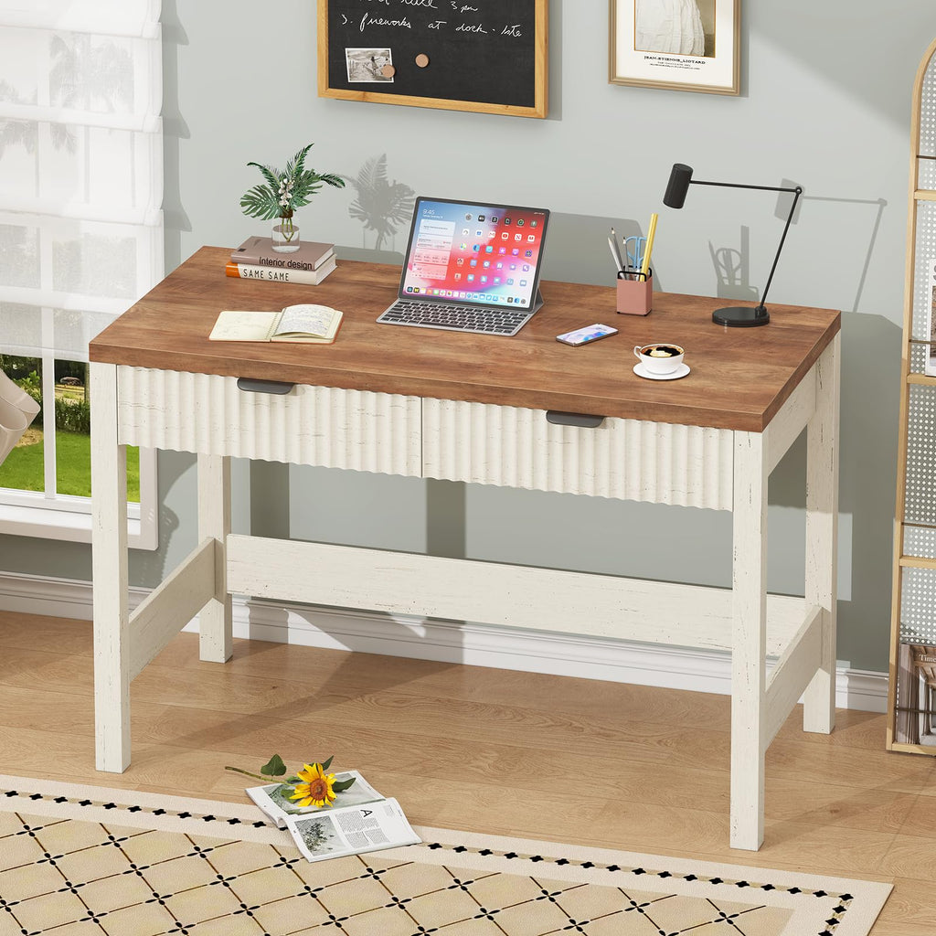YOMILUVE Fluted Computer Desk with 2 Drawers