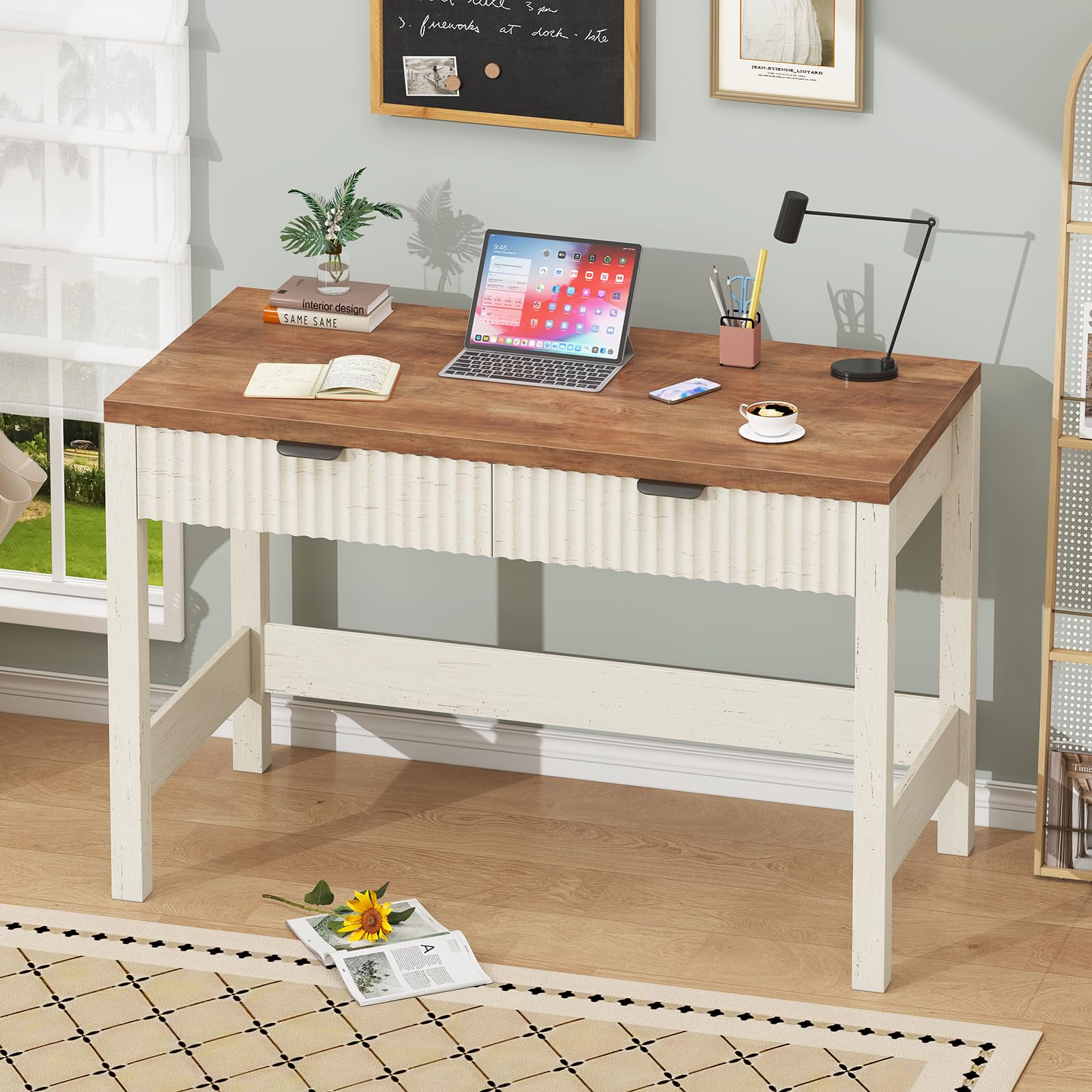 YOMILUVE Fluted Computer Desk with 2 Drawers