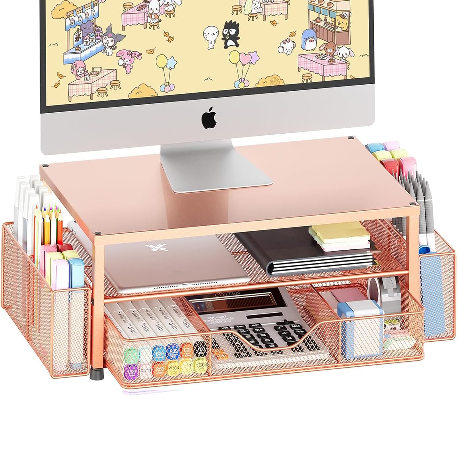 OPNICE 2-Tier Monitor Stand Riser with Drawer and 2 Pen Holders