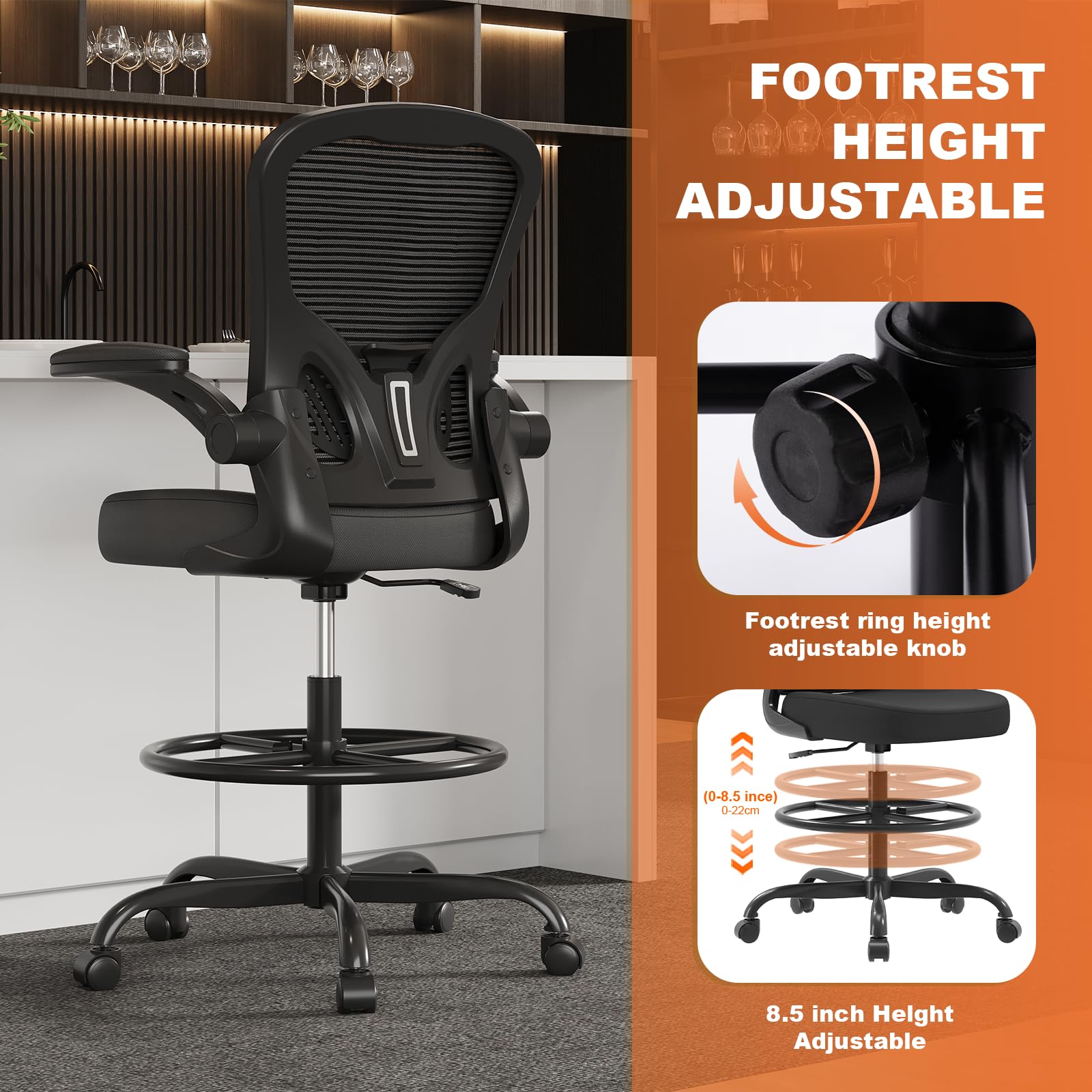 Ergonomic Mesh Drafting Chair with Footrest and Flip-Up Arms