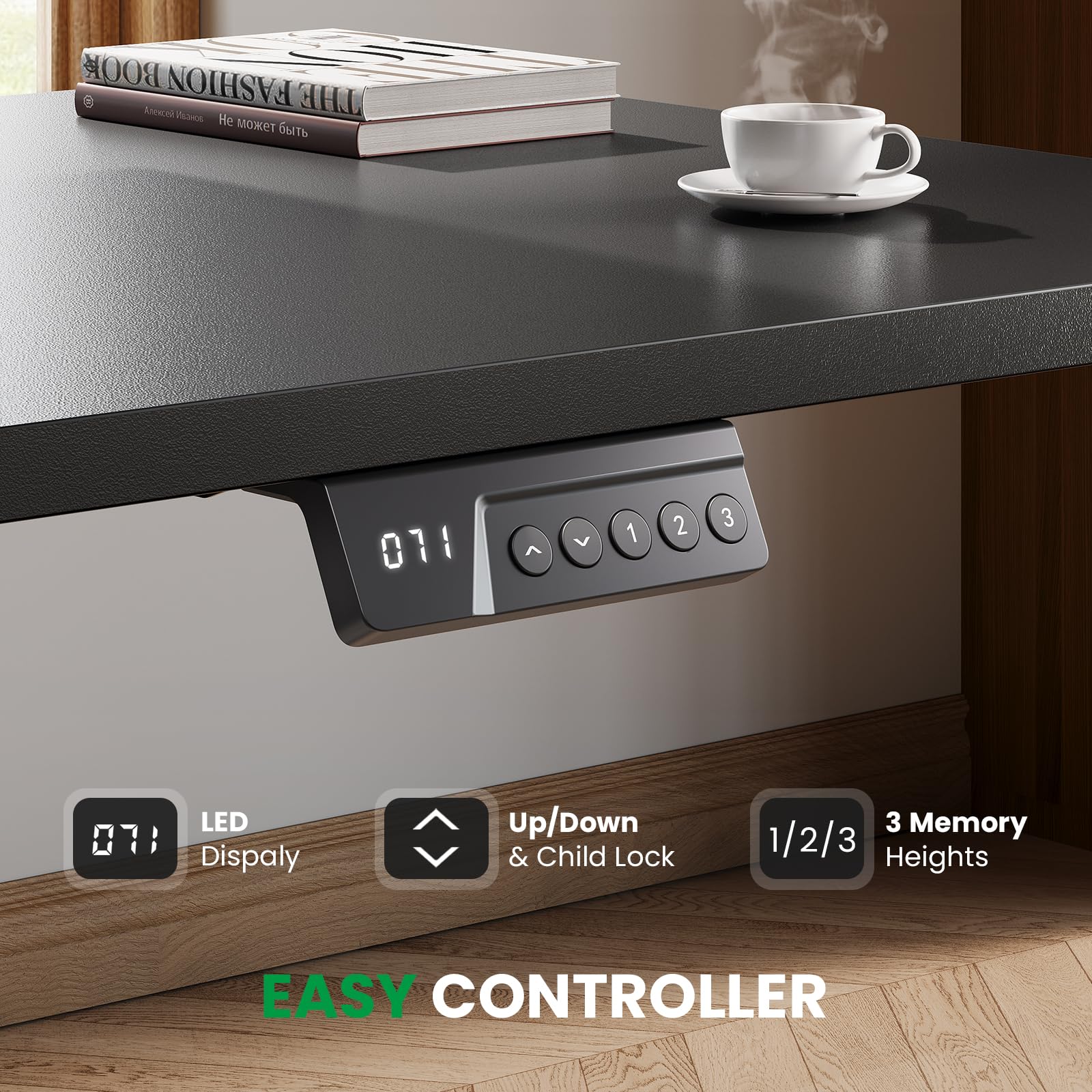 DeskShow L-Shaped Standing Desk - Adjustable Corner Standing Desk with Charging Station - L Shape Sit Stand Table with Memory Controller, Splice Board for Home Office