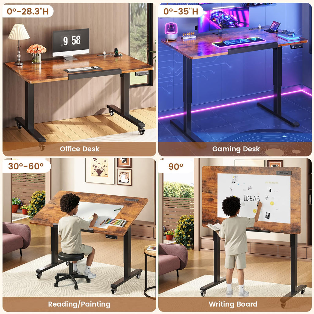 SEDETA 47 x 24 Inches Electric Standing Desk, 180° Tiltable Mobile Rising Computer Desk Height Adjustable with Wheels for Drawing/Writing/Gaming/Study/Home Office/Small Space, Rustic Brown