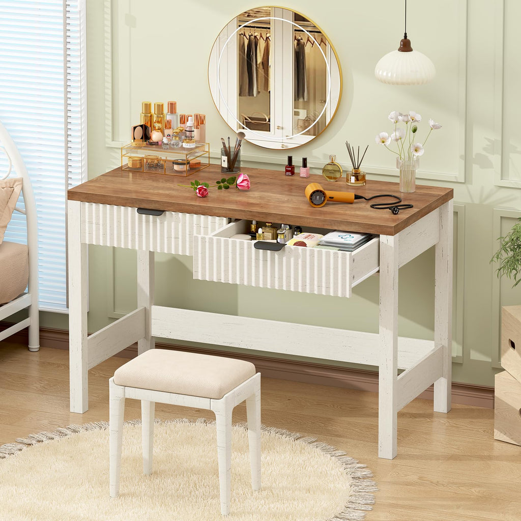 YOMILUVE Fluted Computer Desk with 2 Drawers