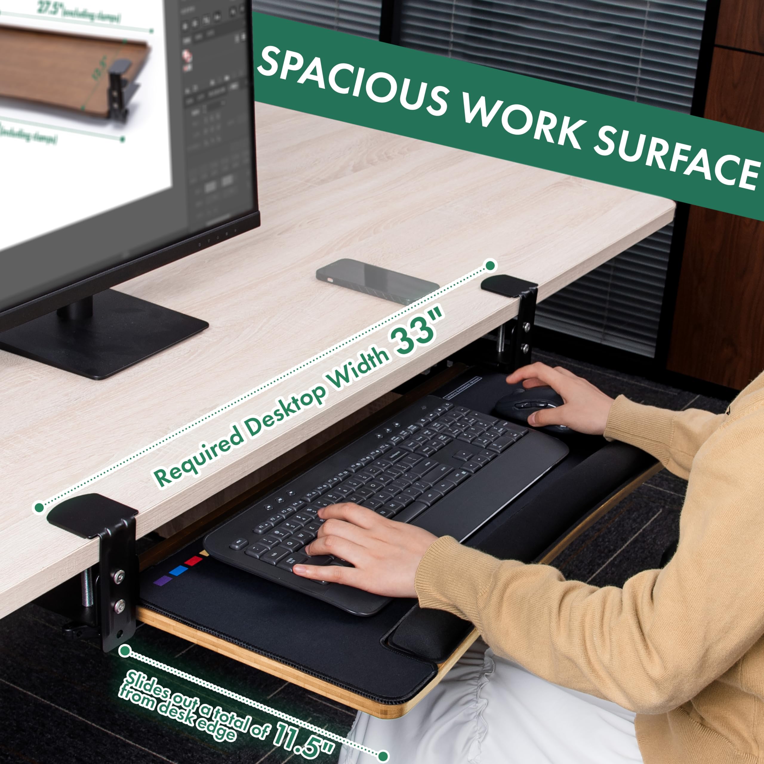 D'vine Dev Bamboo Under-Desk Keyboard Tray with Wrist Rest