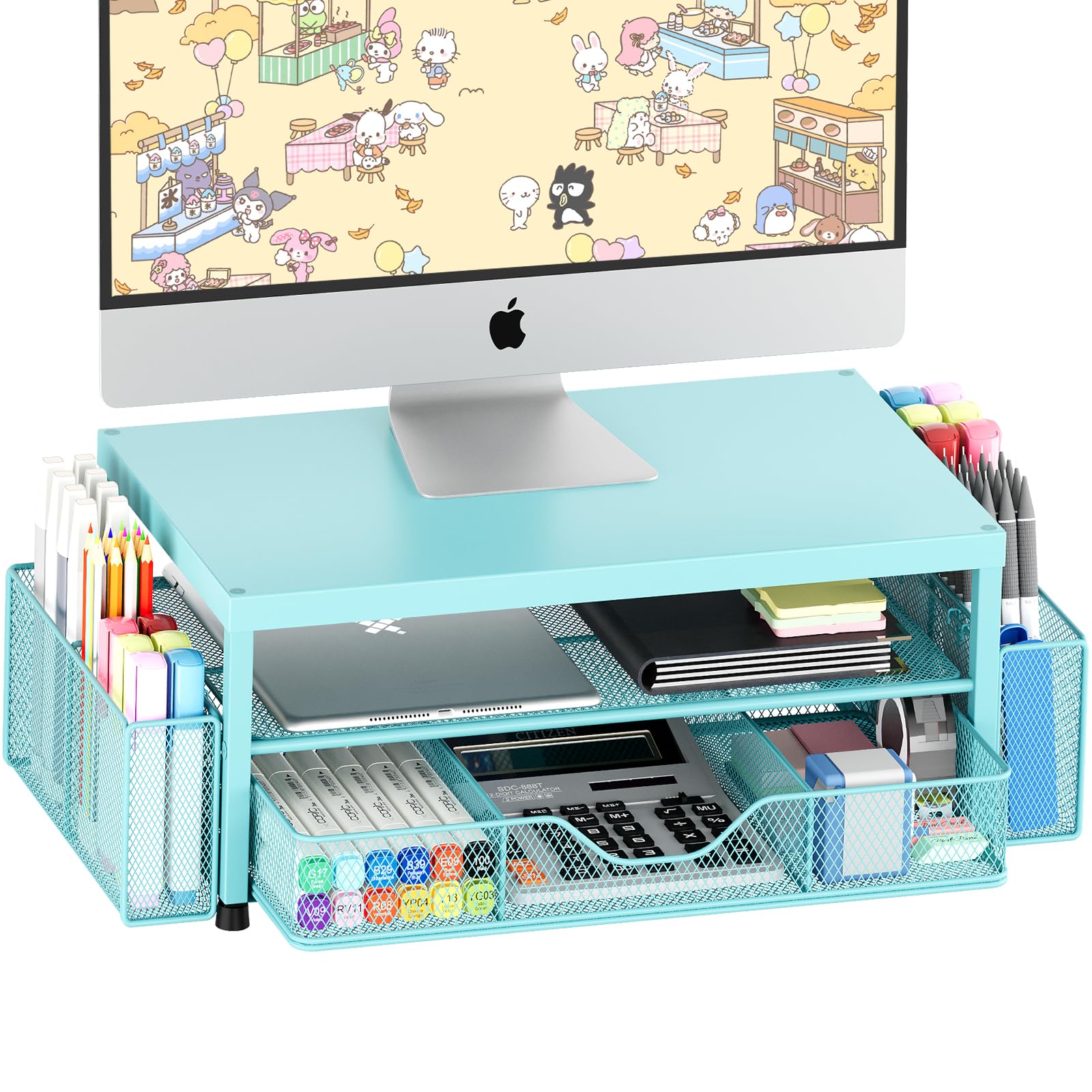 OPNICE 2-Tier Monitor Stand Riser with Drawer and 2 Pen Holders
