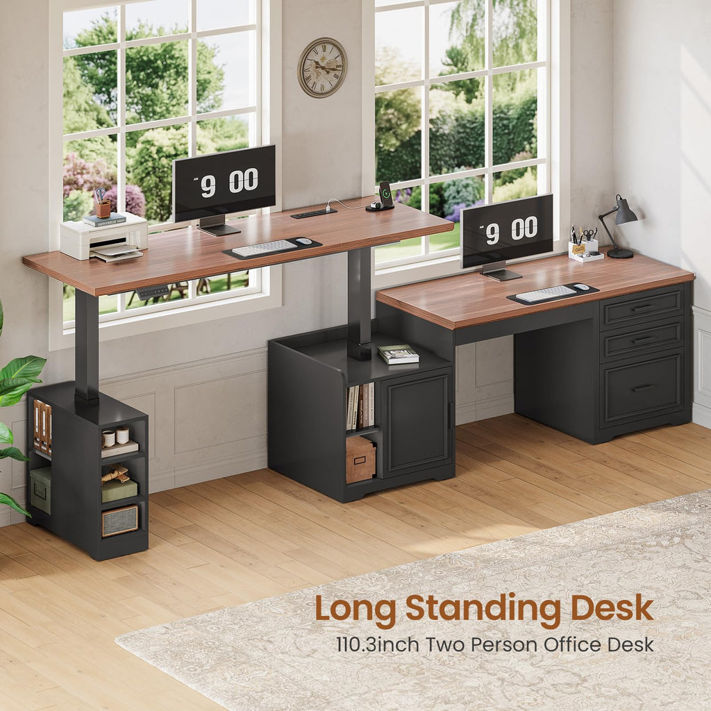 SEDETA Farmhouse L Shaped Electric Standing Desk, 63" x 67" Height Adjustable Office Executive Desk with Drawers and Shelves, Standing Computer Desks with Power Outlet for Home Office, Black+Brown