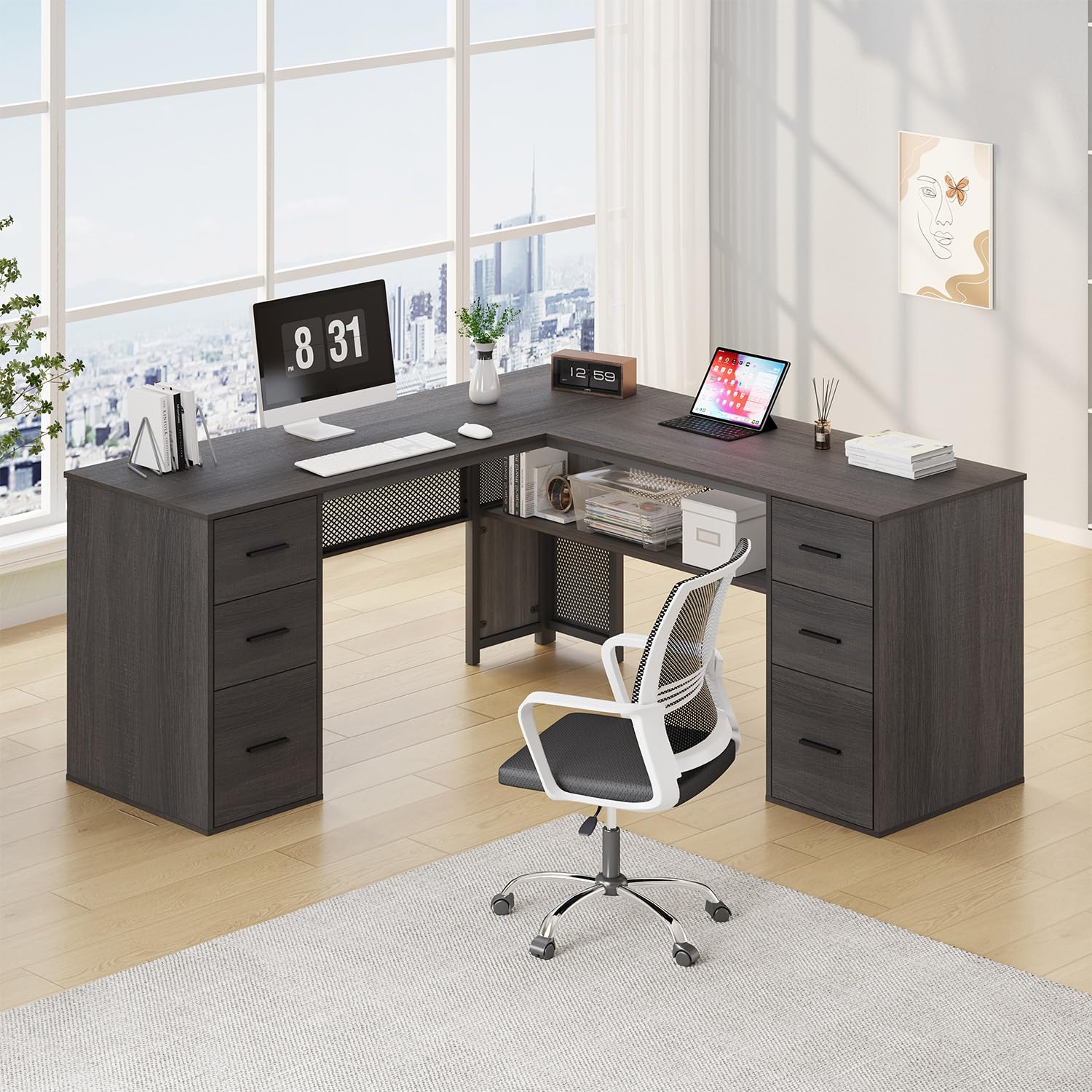 HSH L Shaped Computer Desk with File Drawers, Large Home Office Corner Desk with Storage Cabinet Shelves, Modern Metal Wood Desk for Executive Writing Study Workstation, 59 Inch Bedroom Table