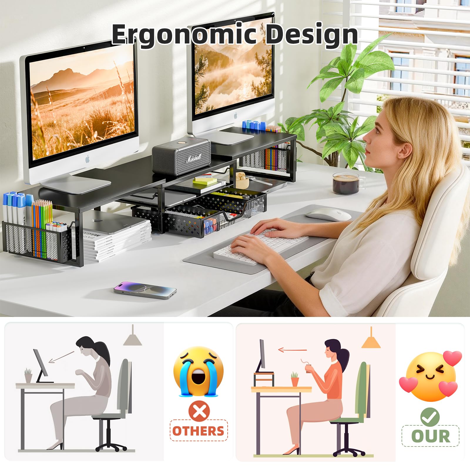 Simple Trending Dual Monitor Riser with Drawer and 2 Pen Holders