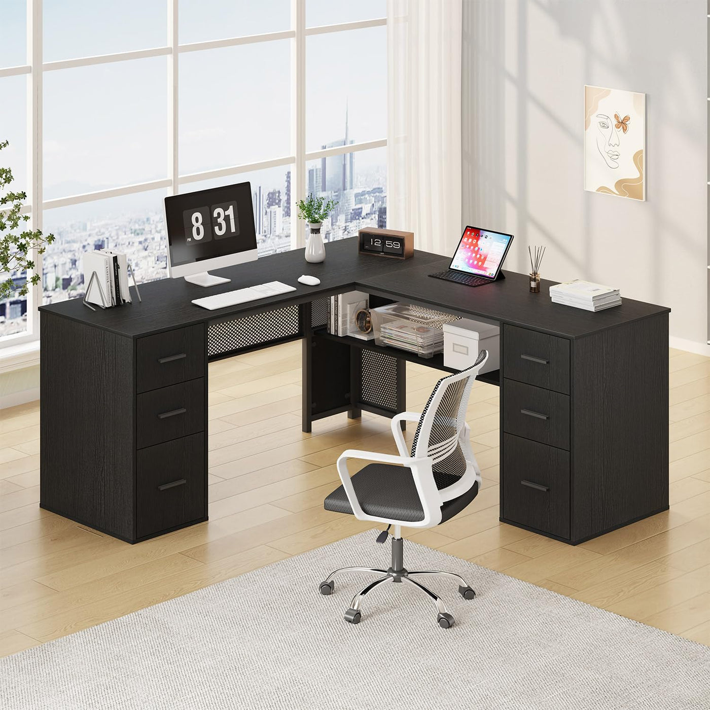 HSH 59-Inch L-Shaped Computer Desk with File Drawers and Storage