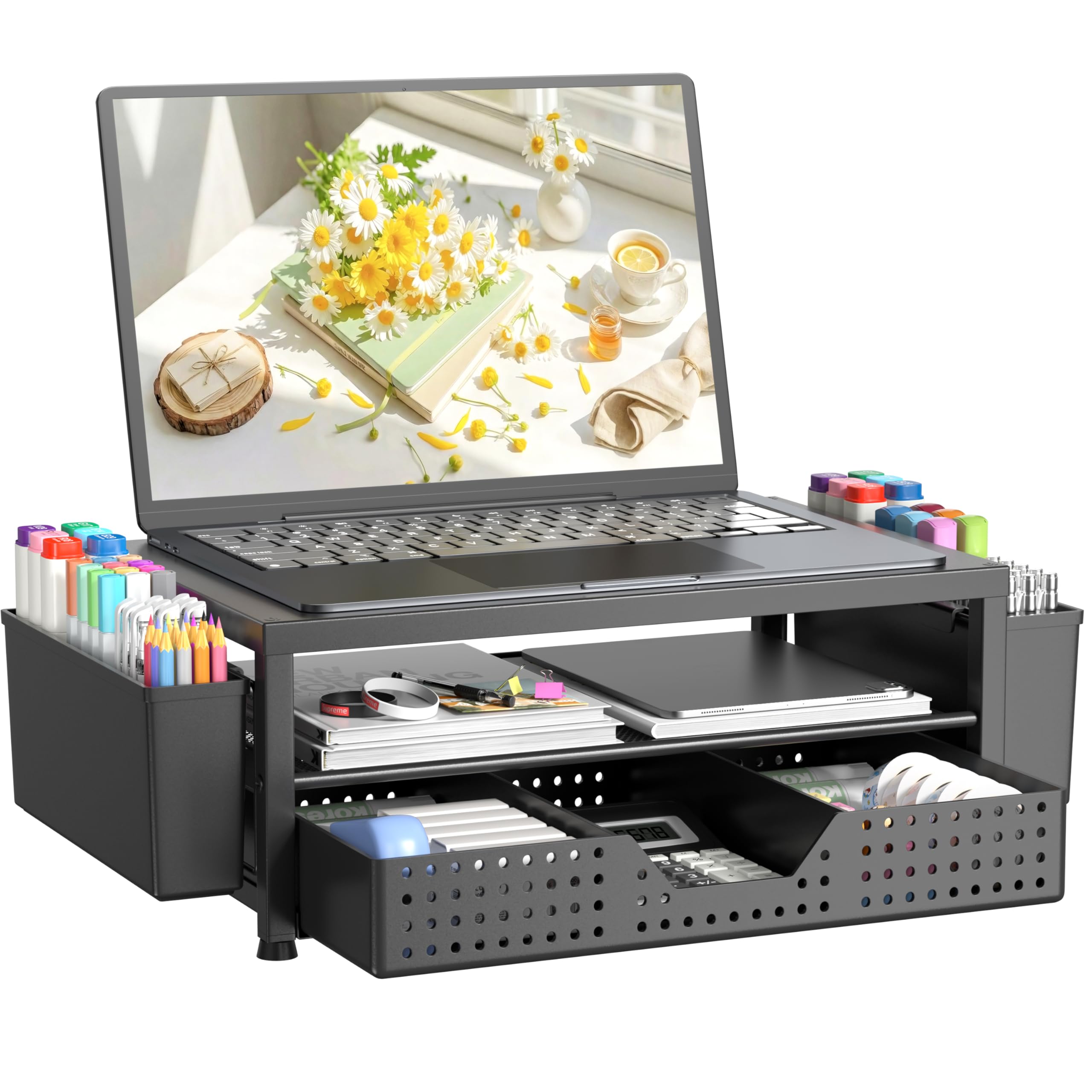 OPNICE 2-Tier Monitor Stand Riser with Drawer and 2 Pen Holders