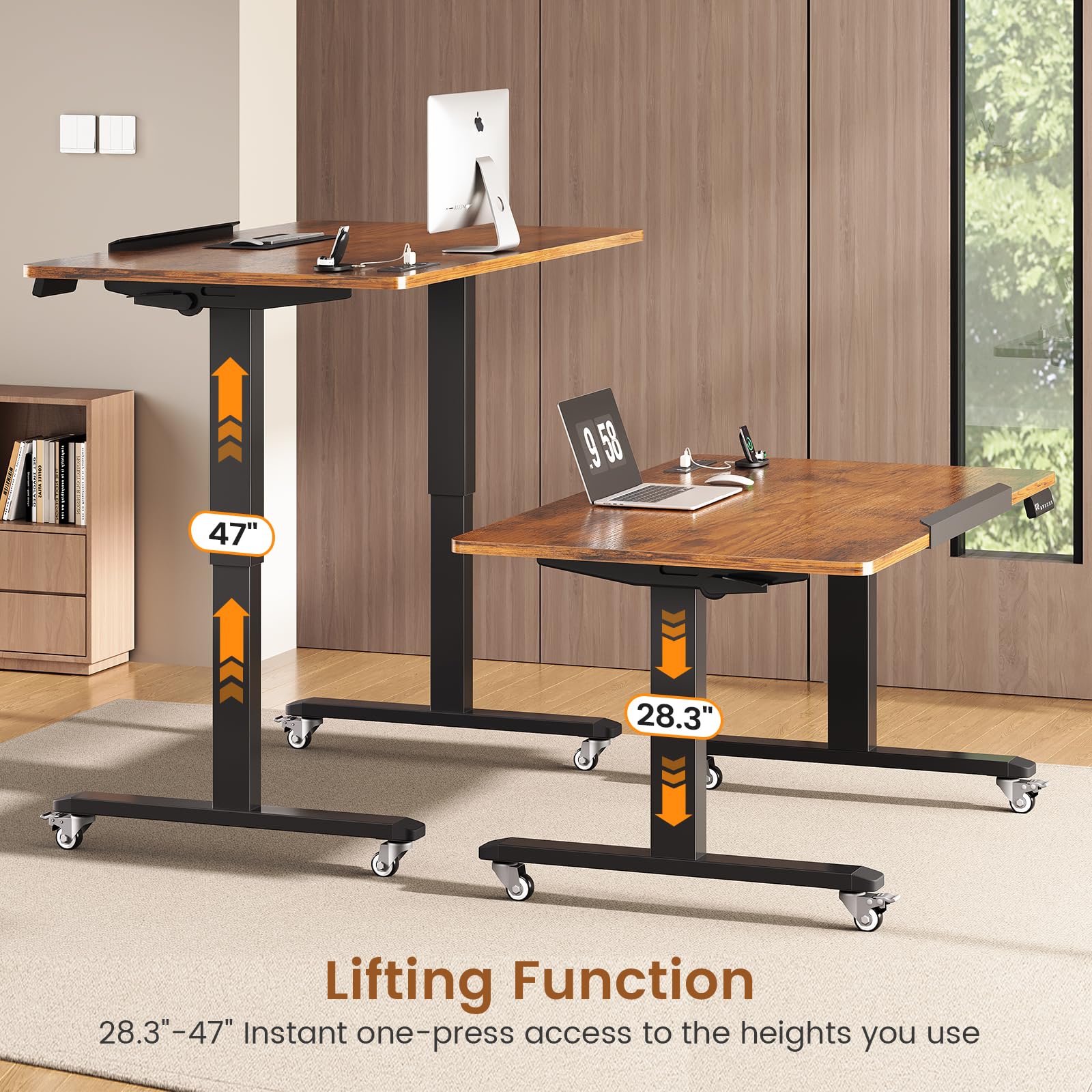 SEDETA 47 x 24 Inches Electric Standing Desk, 180° Tiltable Mobile Rising Computer Desk Height Adjustable with Wheels for Drawing/Writing/Gaming/Study/Home Office/Small Space, Rustic Brown