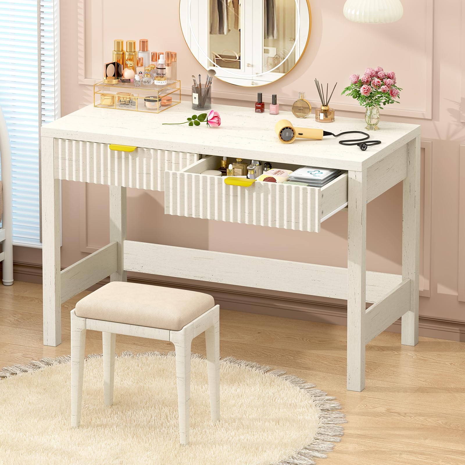 YOMILUVE Fluted Computer Desk with 2 Drawers