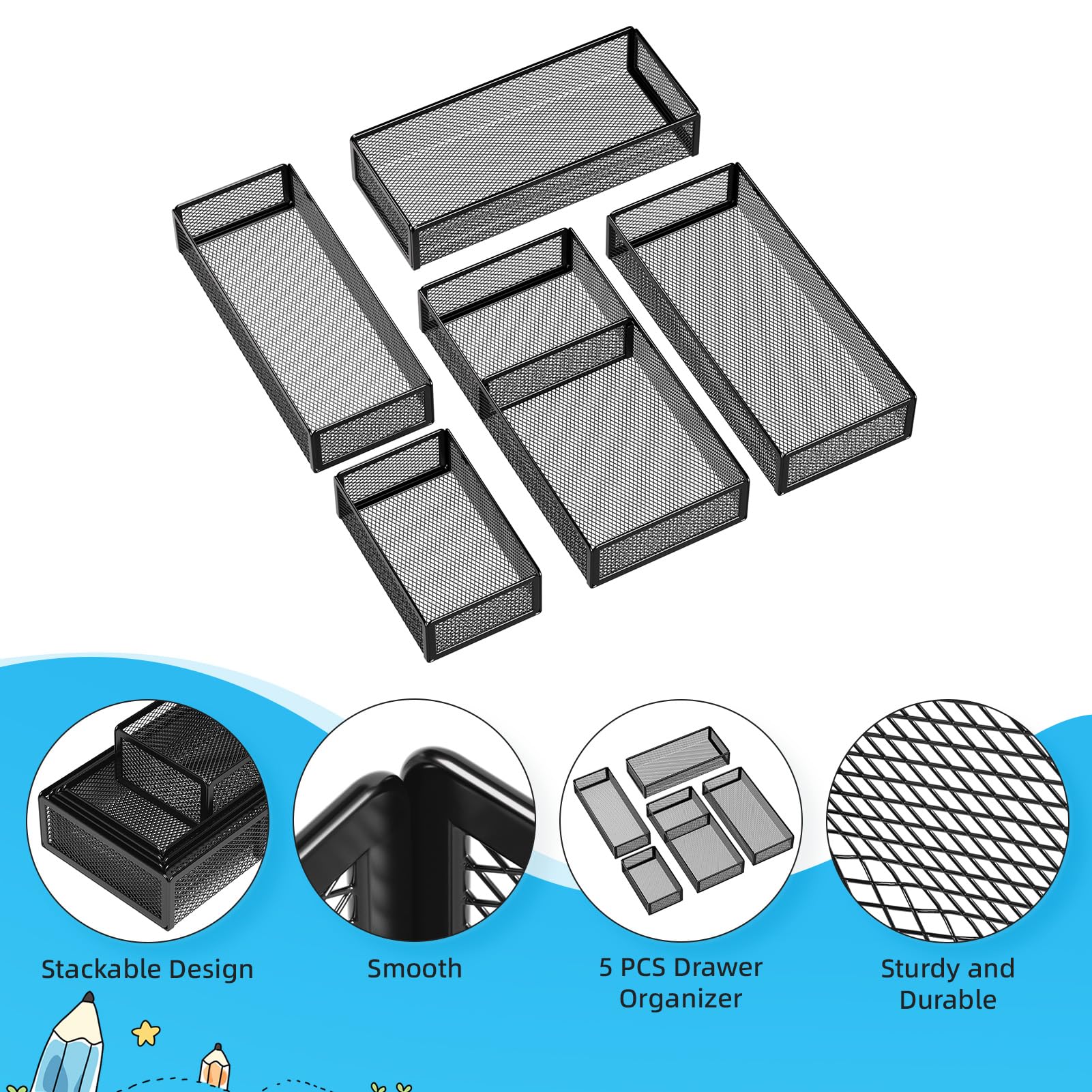 Marbrasse 5-Piece Mesh Desk Drawer Organizer Set