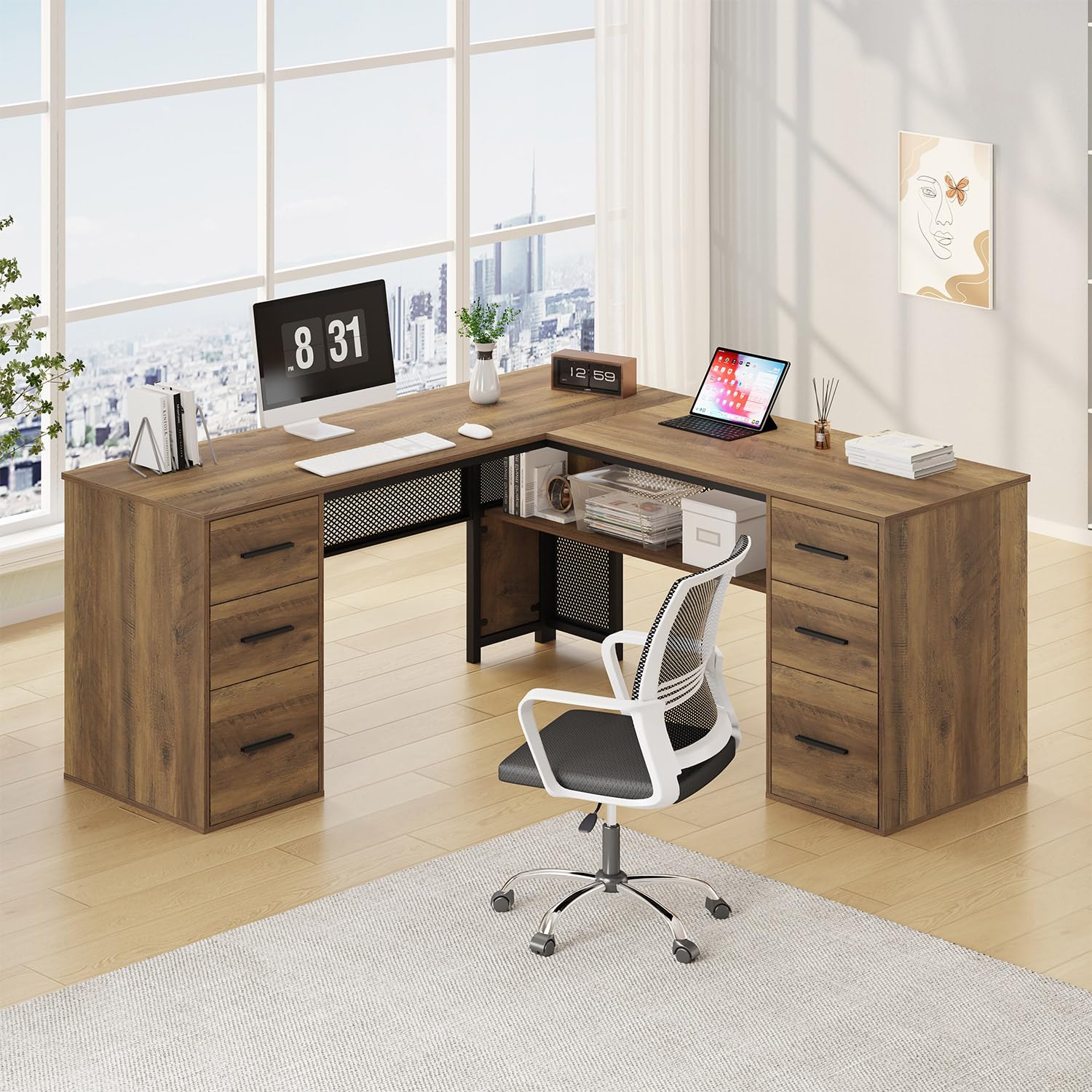 HSH L Shaped Computer Desk with File Drawers, Large Home Office Corner Desk with Storage Cabinet Shelves, Modern Metal Wood Desk for Executive Writing Study Workstation, 59 Inch Bedroom Table
