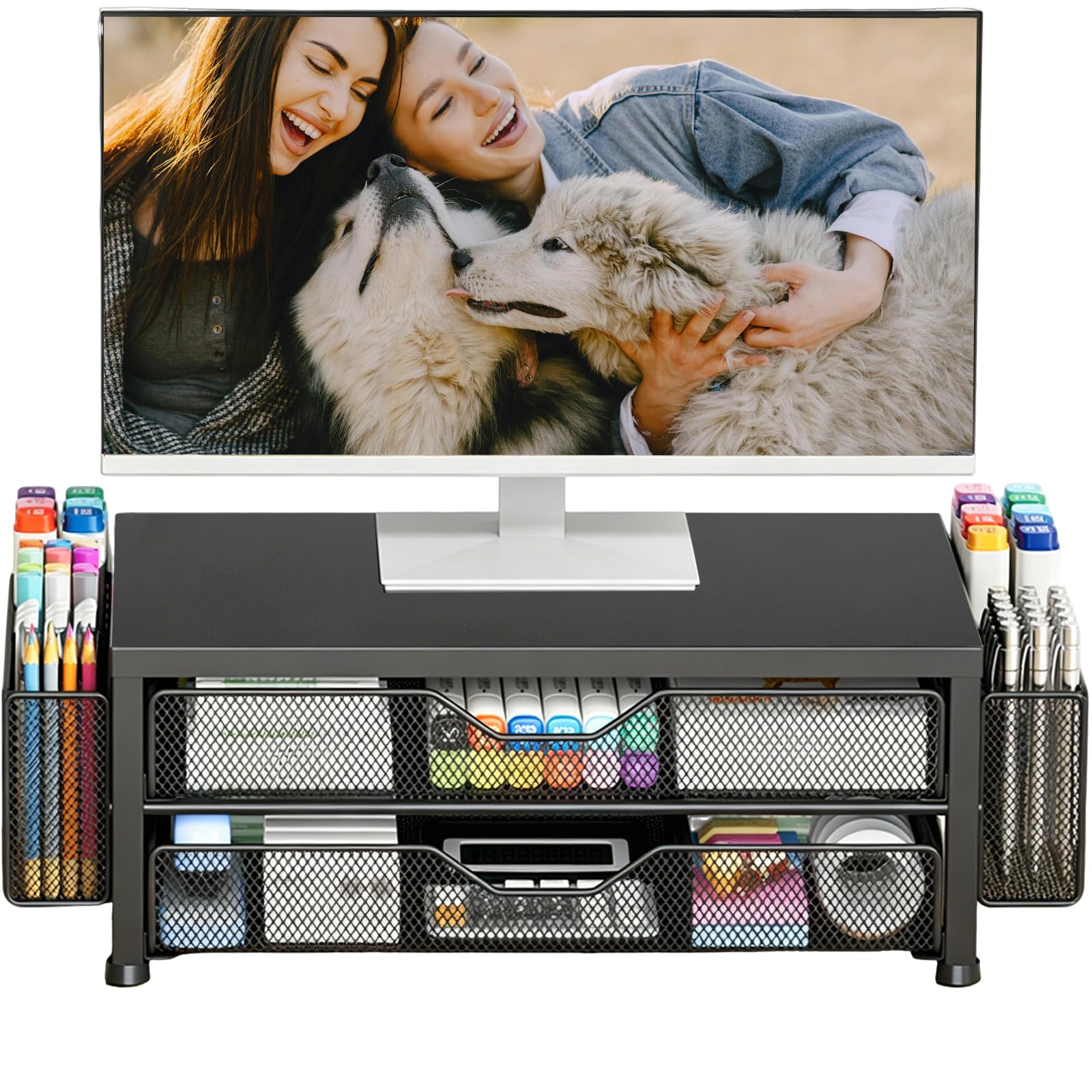 OPNICE 2-Tier Monitor Stand Riser with Drawer and 2 Pen Holders