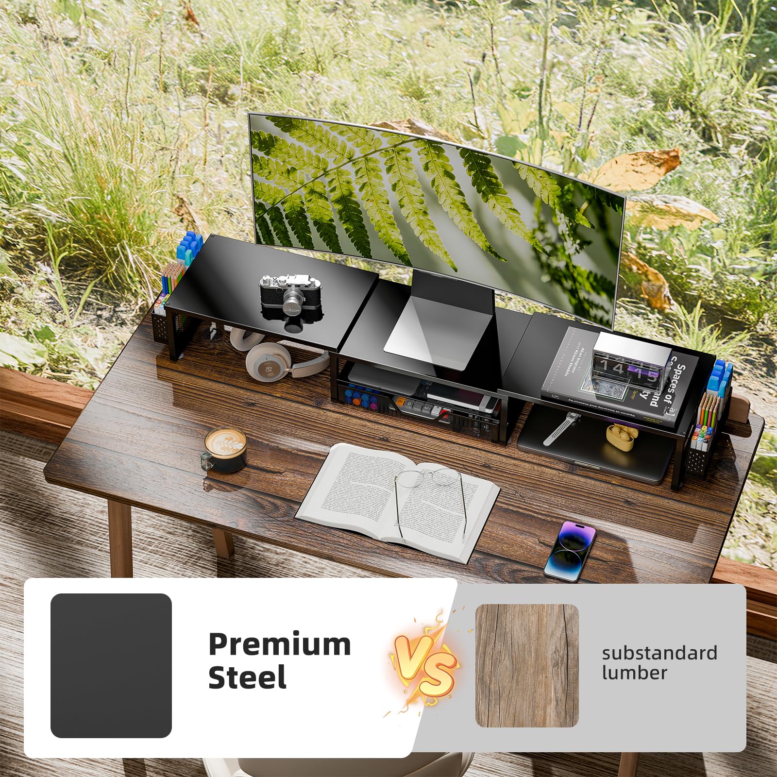 Simple Trending Dual Monitor Riser with Drawer and 2 Pen Holders