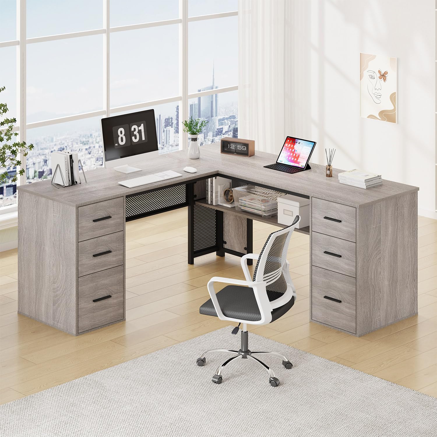 HSH L Shaped Computer Desk with File Drawers, Large Home Office Corner Desk with Storage Cabinet Shelves, Modern Metal Wood Desk for Executive Writing Study Workstation, 59 Inch Bedroom Table