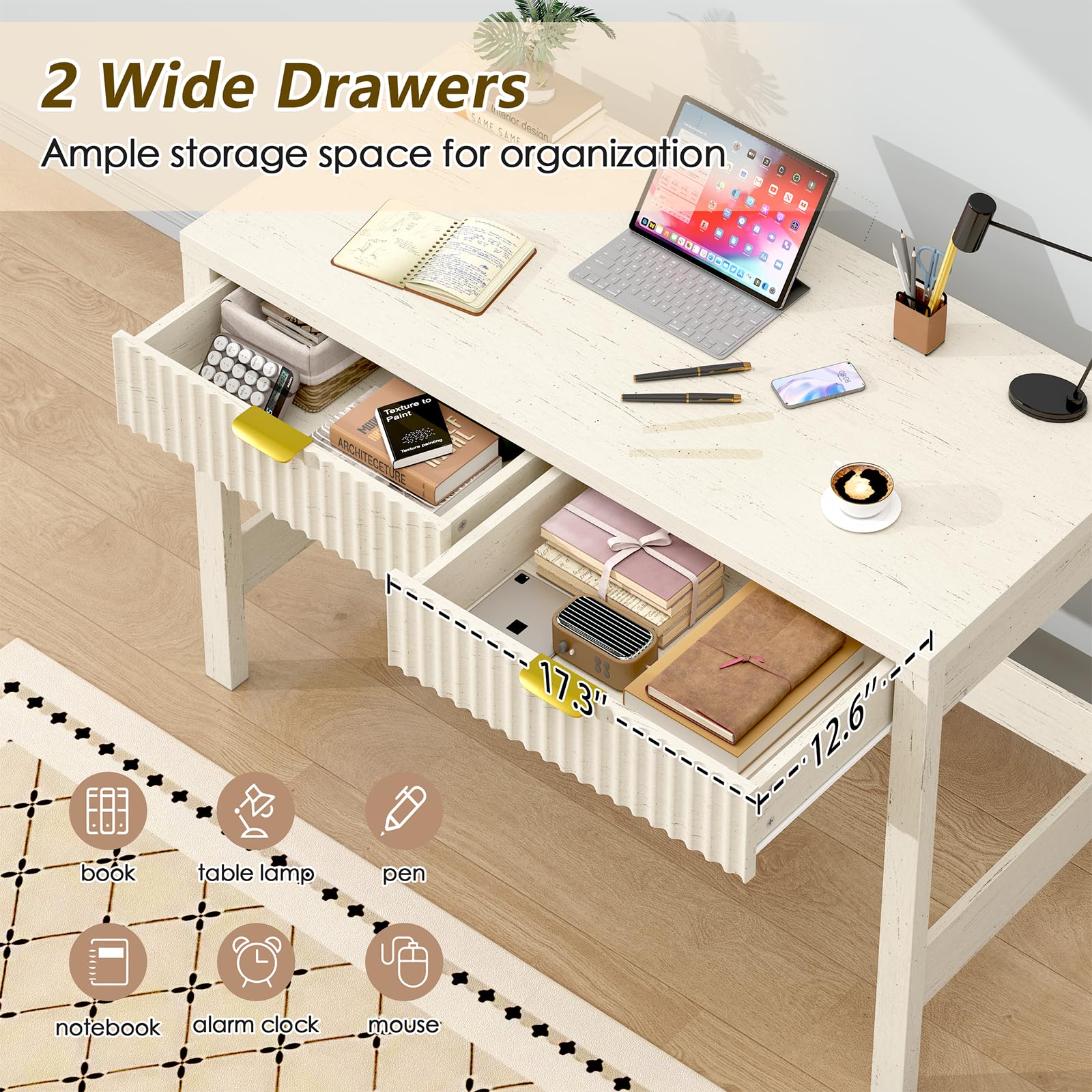 YOMILUVE Fluted Computer Desk with 2 Drawers