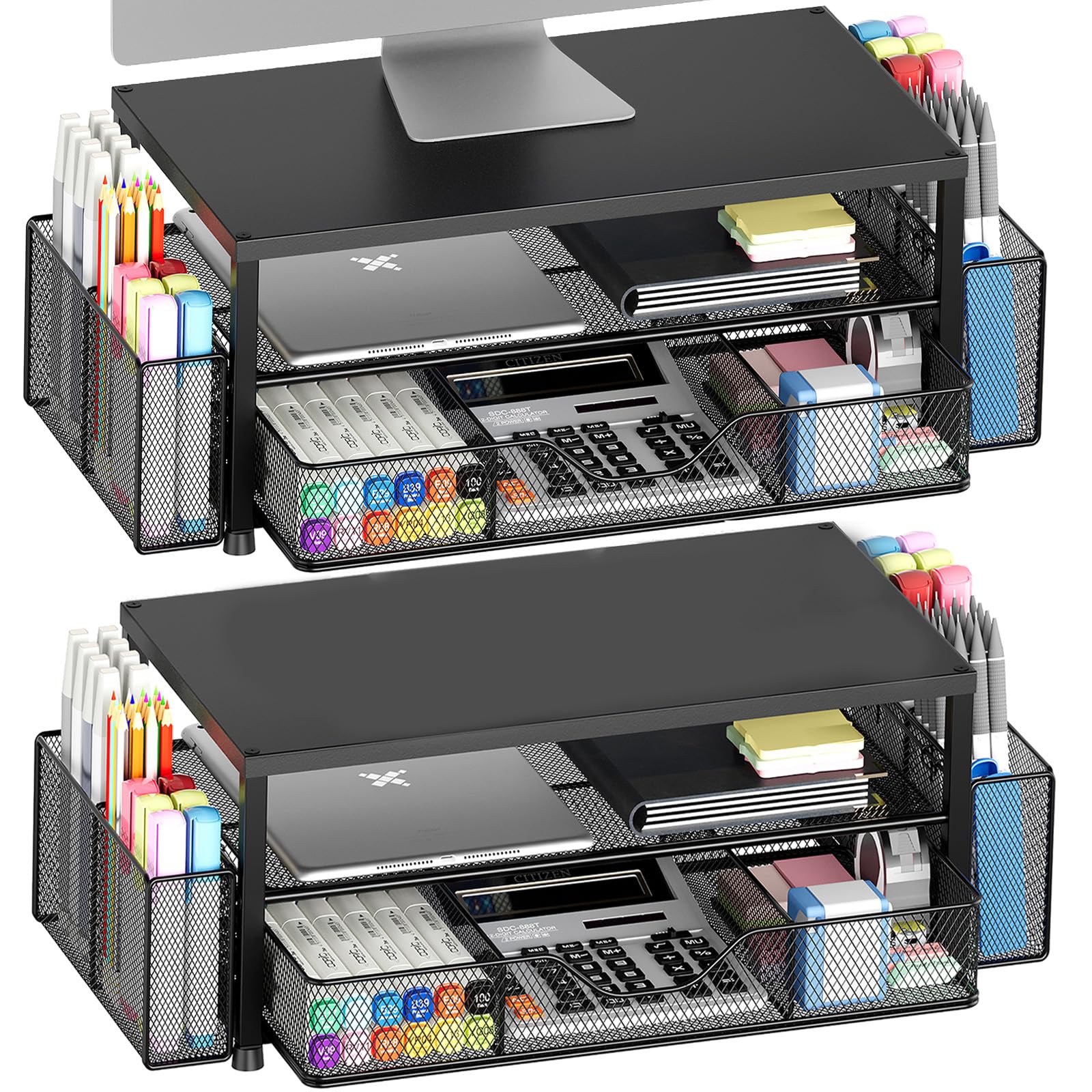 OPNICE 2-Tier Monitor Stand Riser with Drawer and 2 Pen Holders