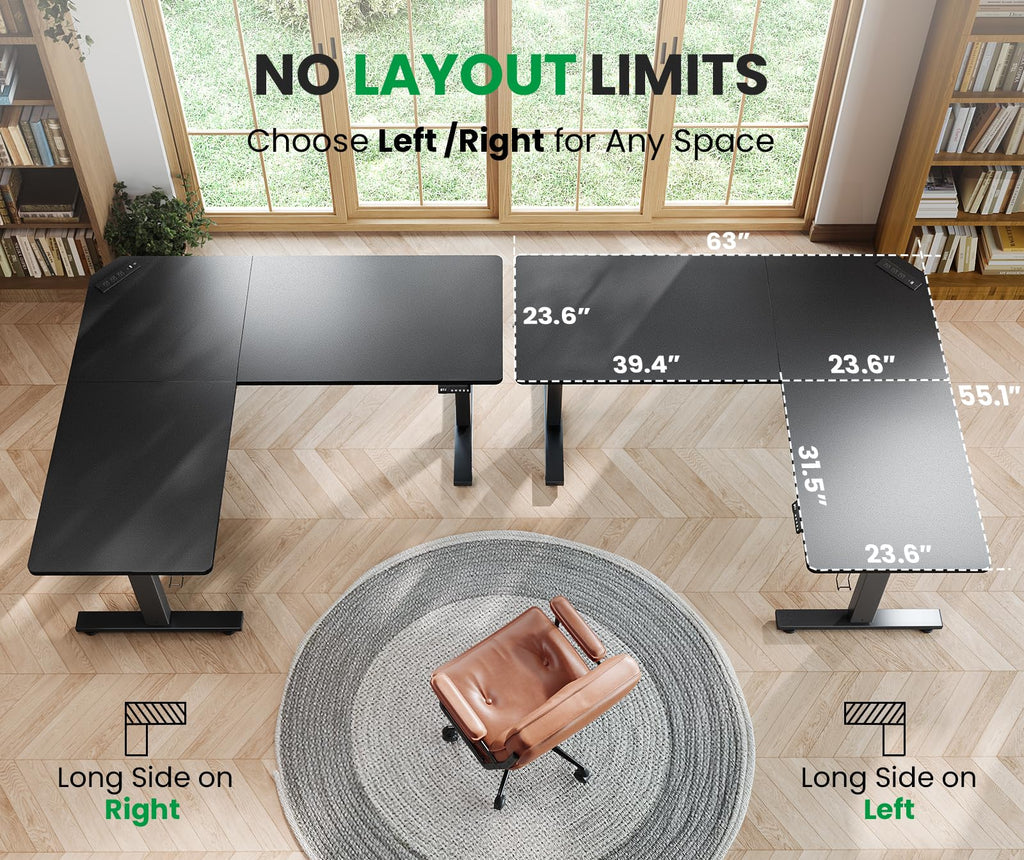 DeskShow L-Shaped Standing Desk - Adjustable Corner Standing Desk with Charging Station - L Shape Sit Stand Table with Memory Controller, Splice Board for Home Office