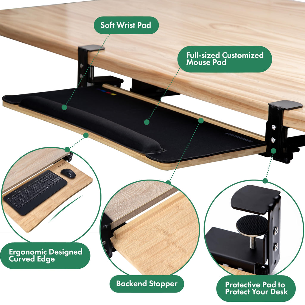 D'vine Dev Bamboo Under-Desk Keyboard Tray with Wrist Rest