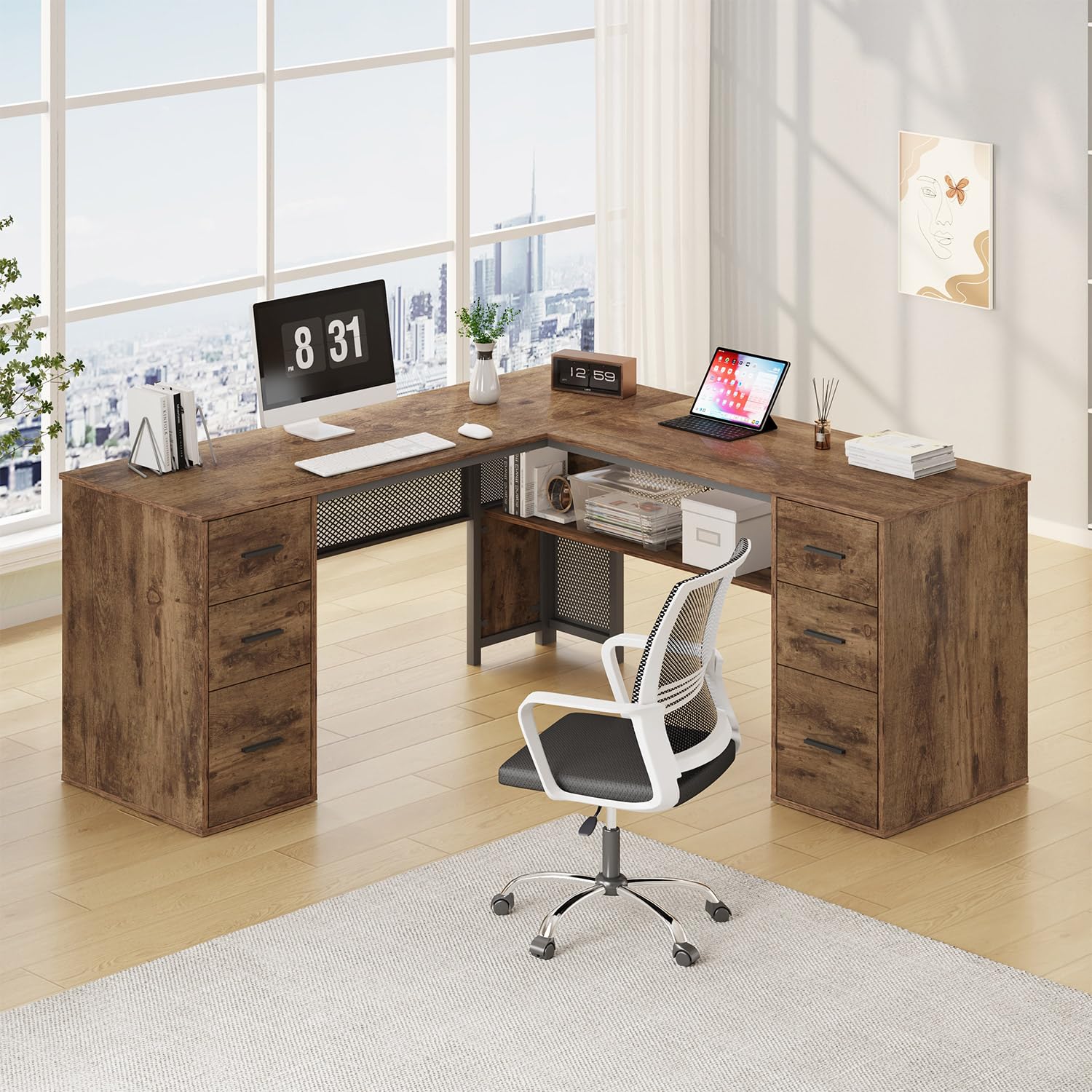 HSH L Shaped Computer Desk with File Drawers, Large Home Office Corner Desk with Storage Cabinet Shelves, Modern Metal Wood Desk for Executive Writing Study Workstation, 59 Inch Bedroom Table